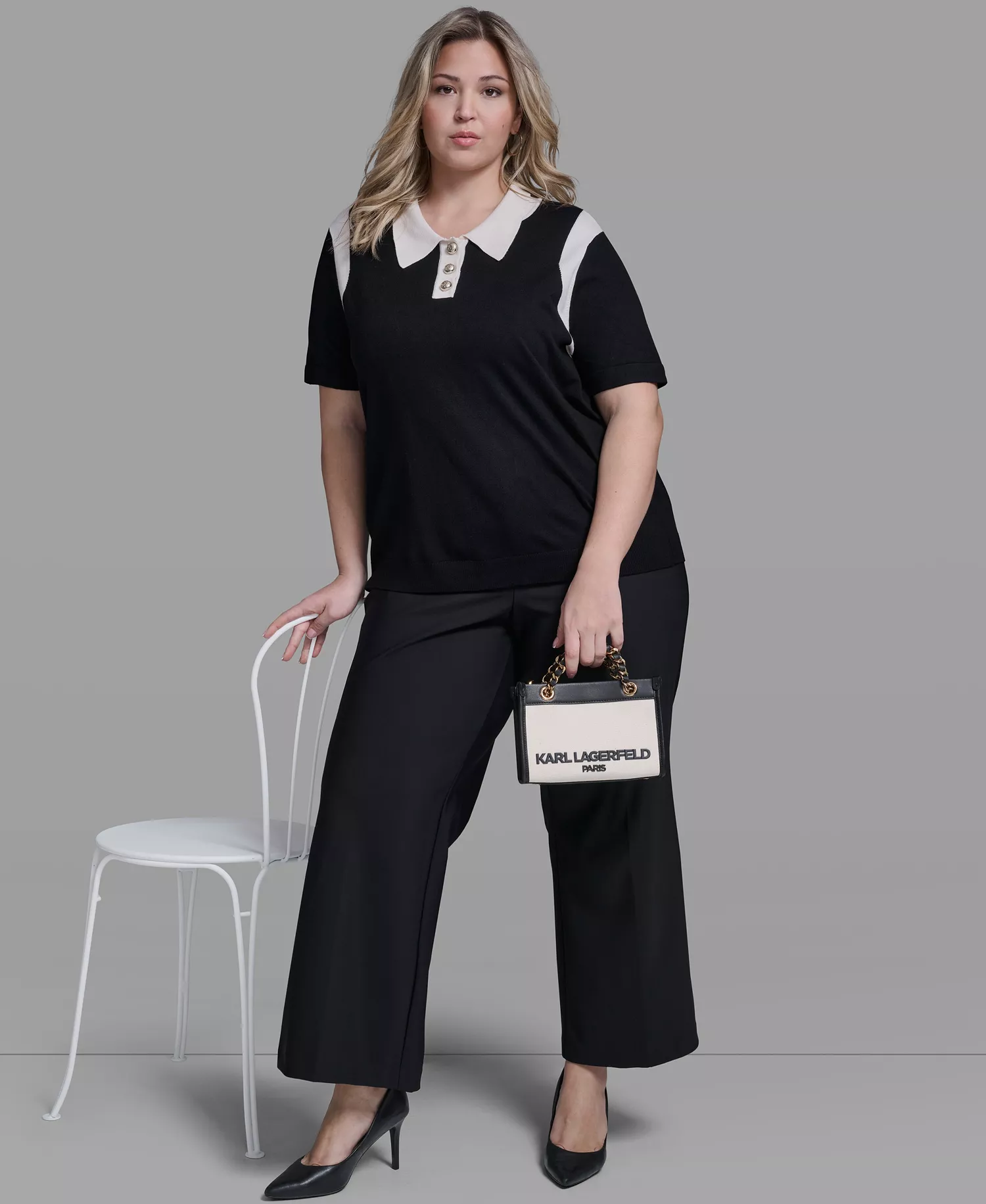 Plus Size Solid Short-Sleeve Polo Sweater - Black/Bisque - 0X
