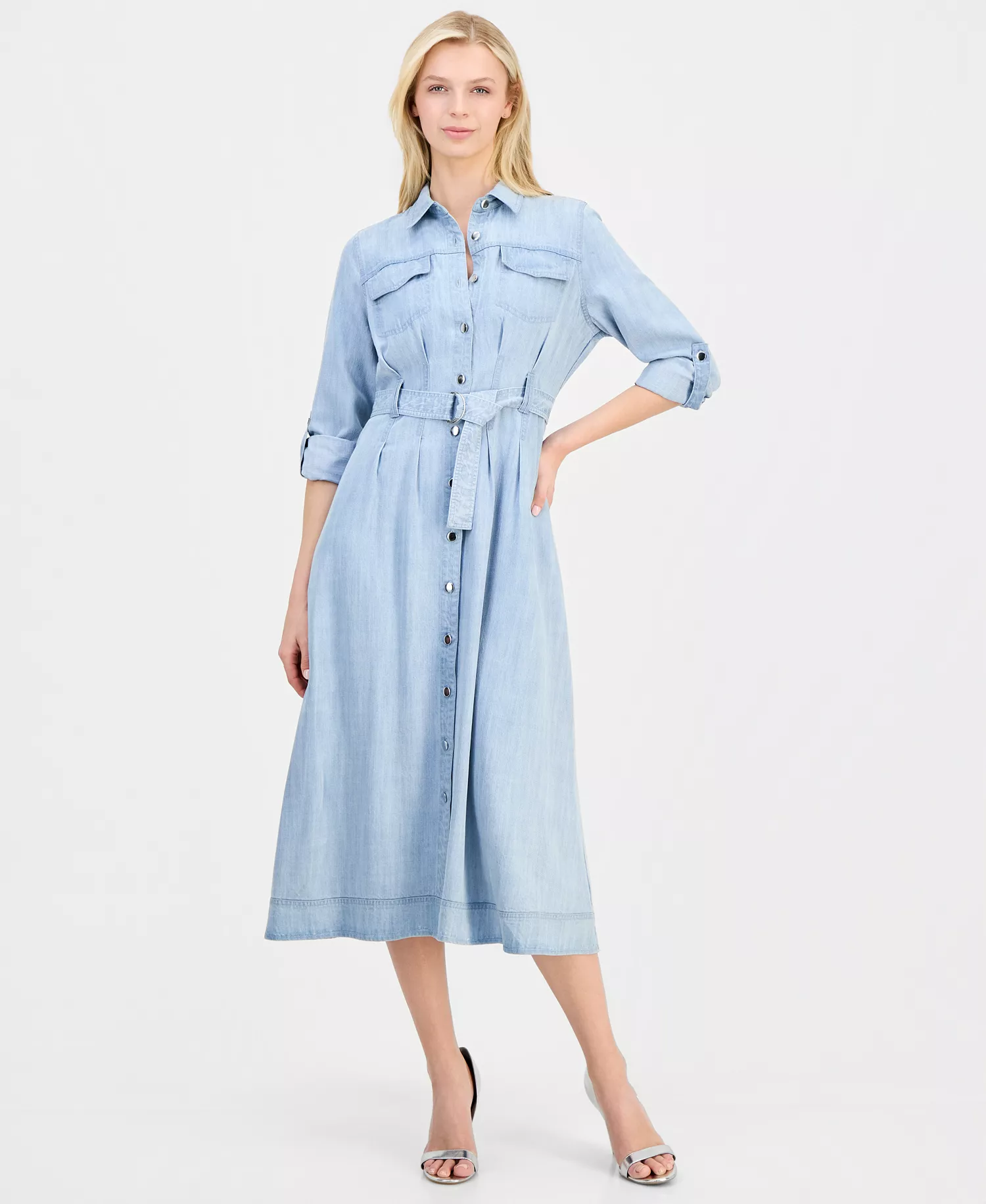 Women's Roll-Sleeve Denim Midi Shirtdress - Light Wash - 10
