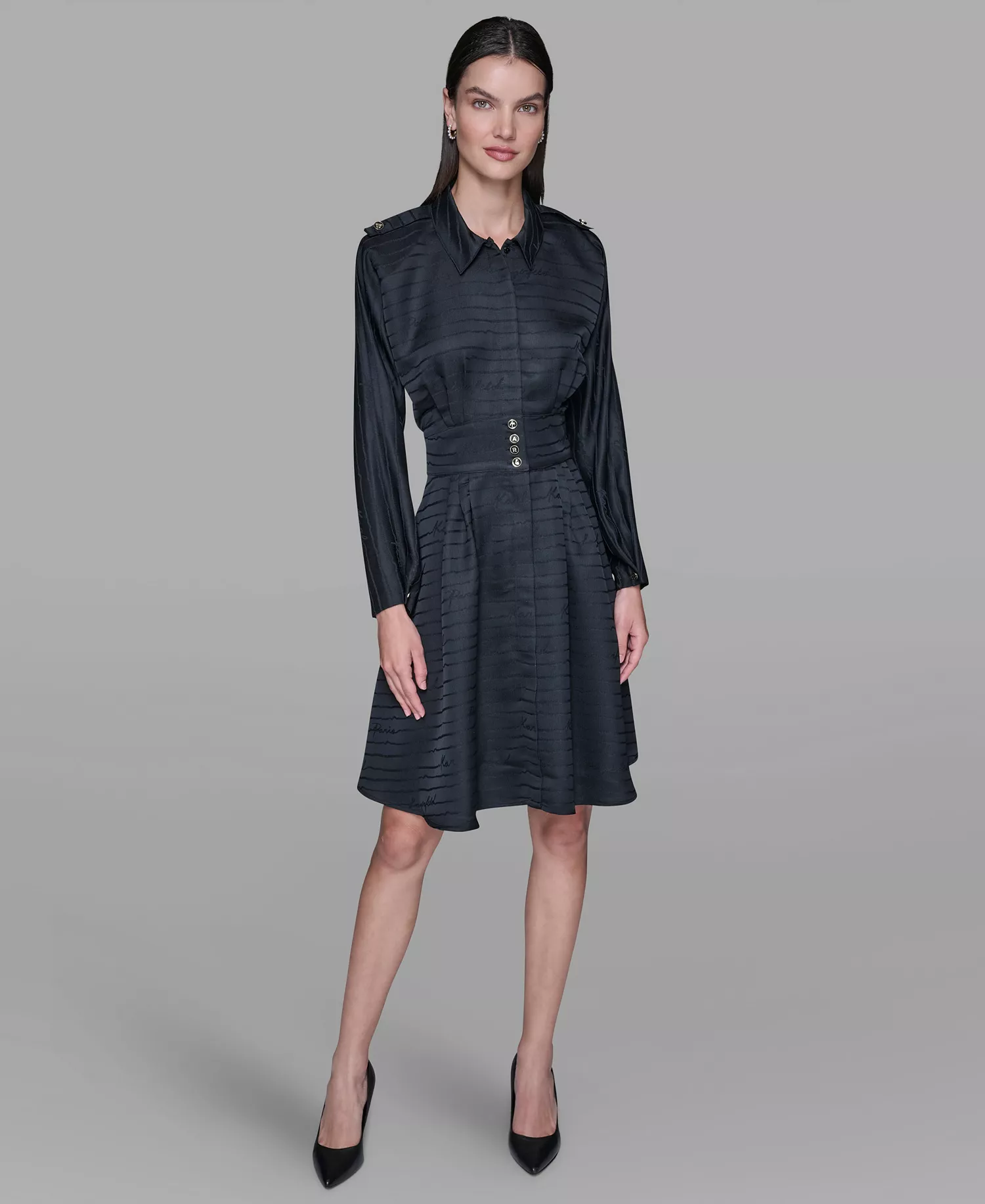Women's Tonal Long-Sleeve Collared Jacquard Dress - Black - 10