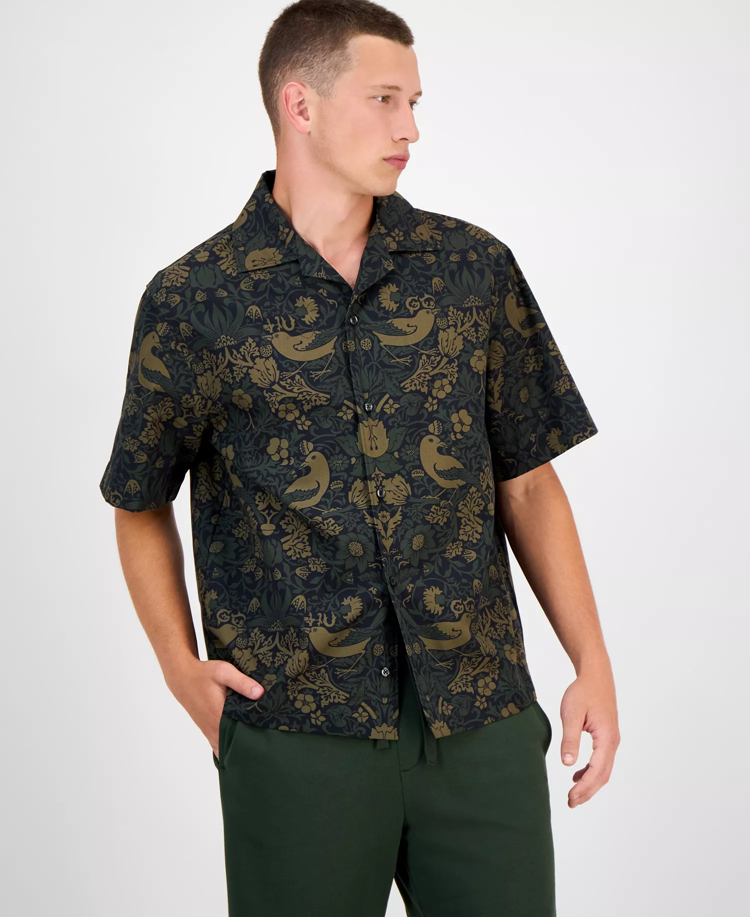 Hugo Boss Men's Espino Oversized Short Sleeve Bird Print Button-Front Camp Shirt - Open Green - 2XL