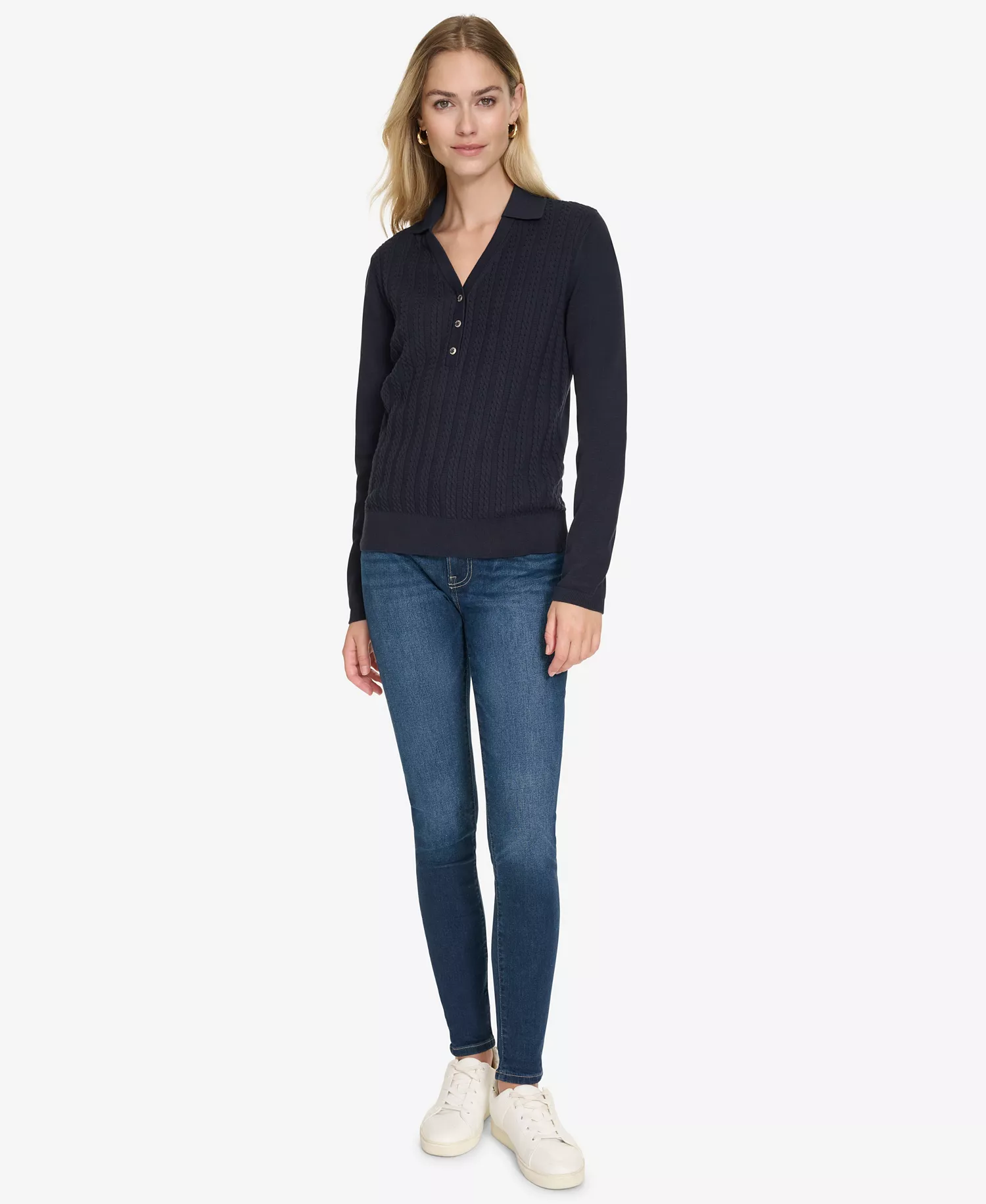Nautica Women's Solid Button V Neck Polo Sweater - Night Sky - S