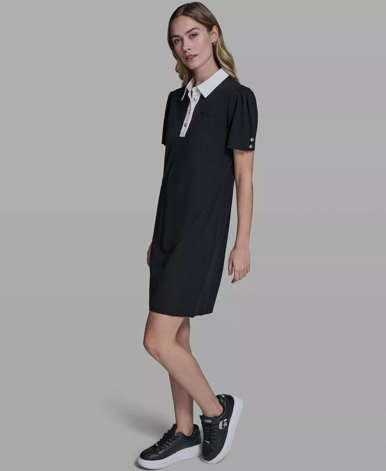 Women's Knit Collared Polo Dress - Black - L