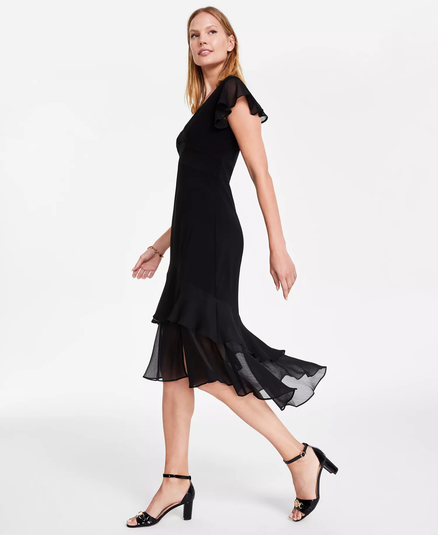 Women's V-Neck Chiffon-Trim Midi Dress with Flutter Sleeves - Black - 10