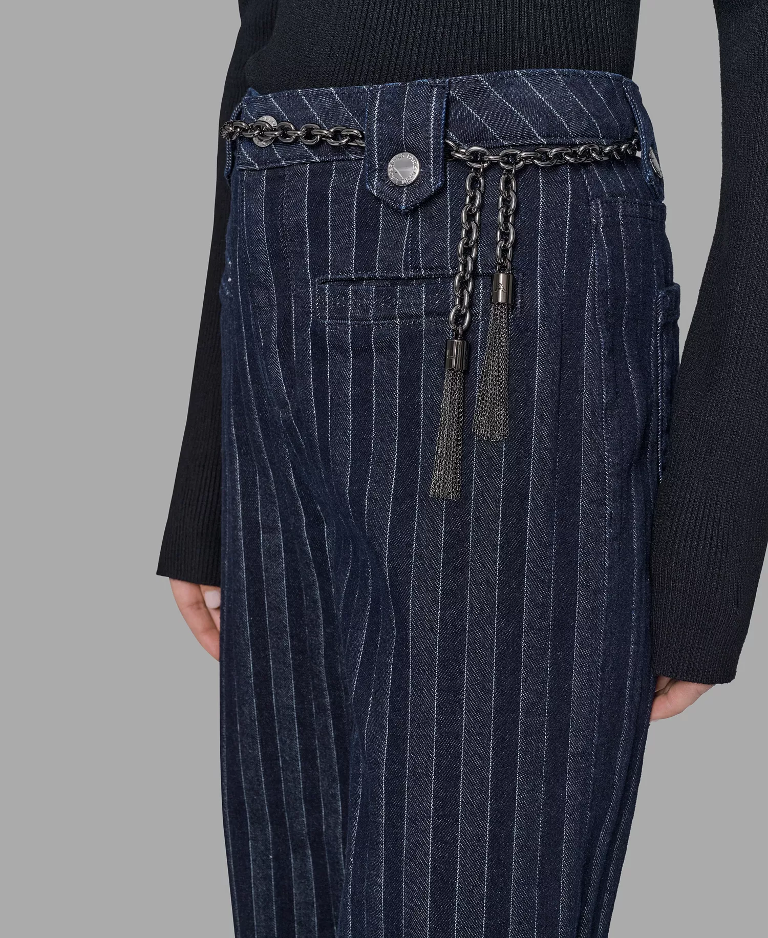Women's Striped Denim Belted Wide-Leg Pants - Deep Blue - 10