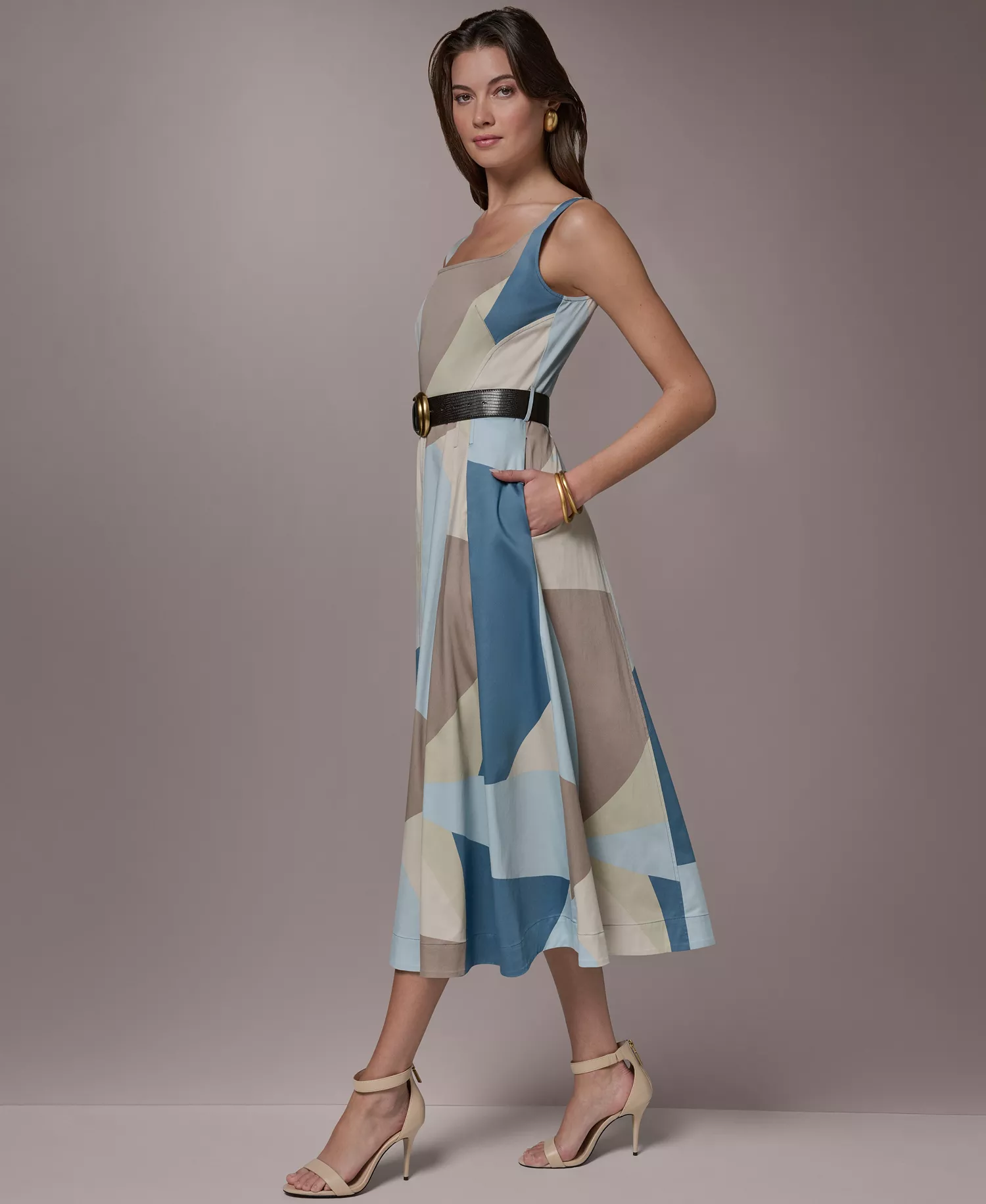 Women's Square Neck Geometric A-Line Maxi Dress - Washed Indigo/Sea Mist Multi - 10