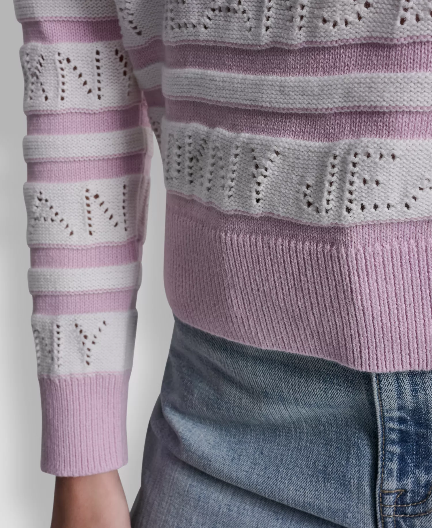 Women's Crewneck Logo Pointelle Striped Sweater - Ivory/pnk Lavender - L