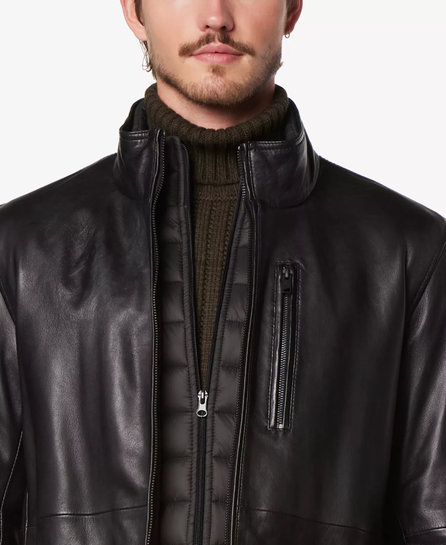 Men's Wollman Smooth Leather Racer Jacket with Removable Interior Bib - Black - S