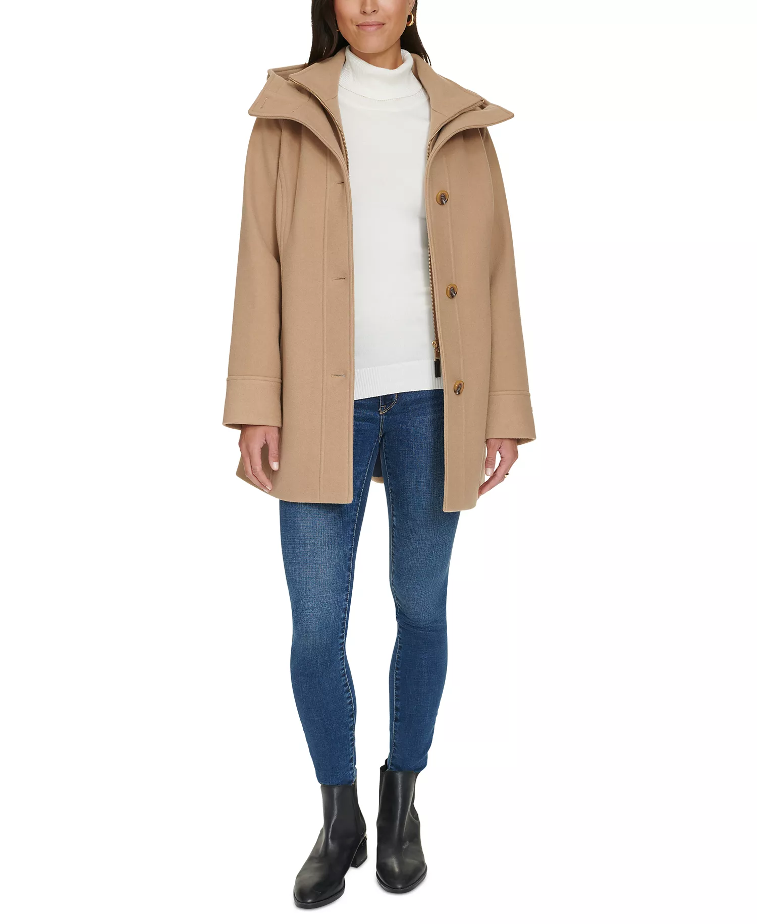 Women's Hooded Button-Front Coat, Created for Macy's - Camel - XS