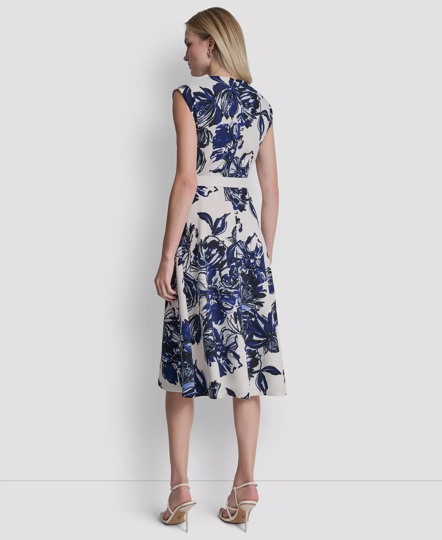 Women's Cap-Sleeve Surplice Neck Belted Midi Dress - Atlantic Blue Multi - 10