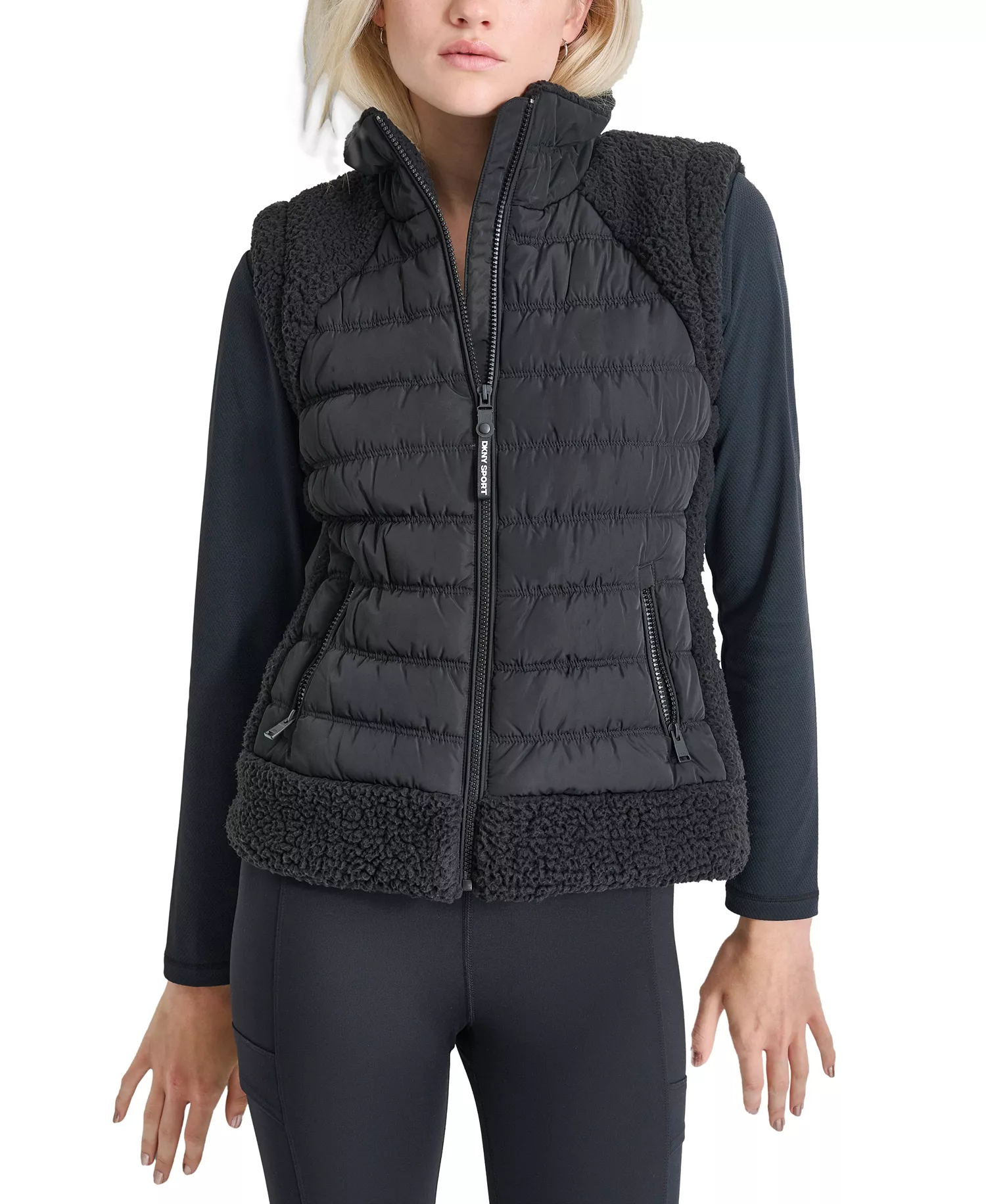 Women's Horizontal Channel Quilted Mock Neck Puffer Vest with Sherpa - Blk/black - L