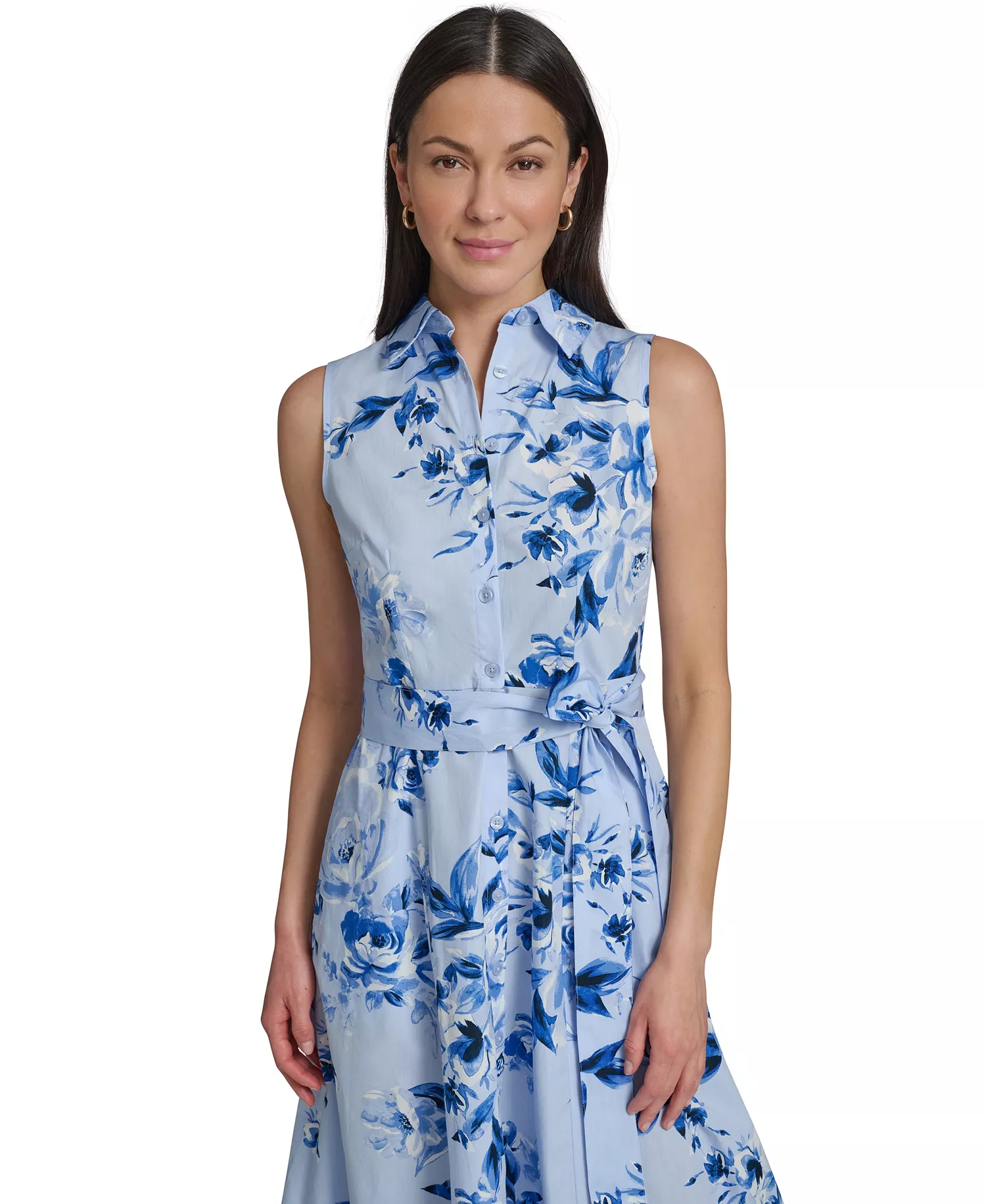 Women's Floral Sleeveless Collared Midi Shirtdress - CHAMBRAY MULTI - 10