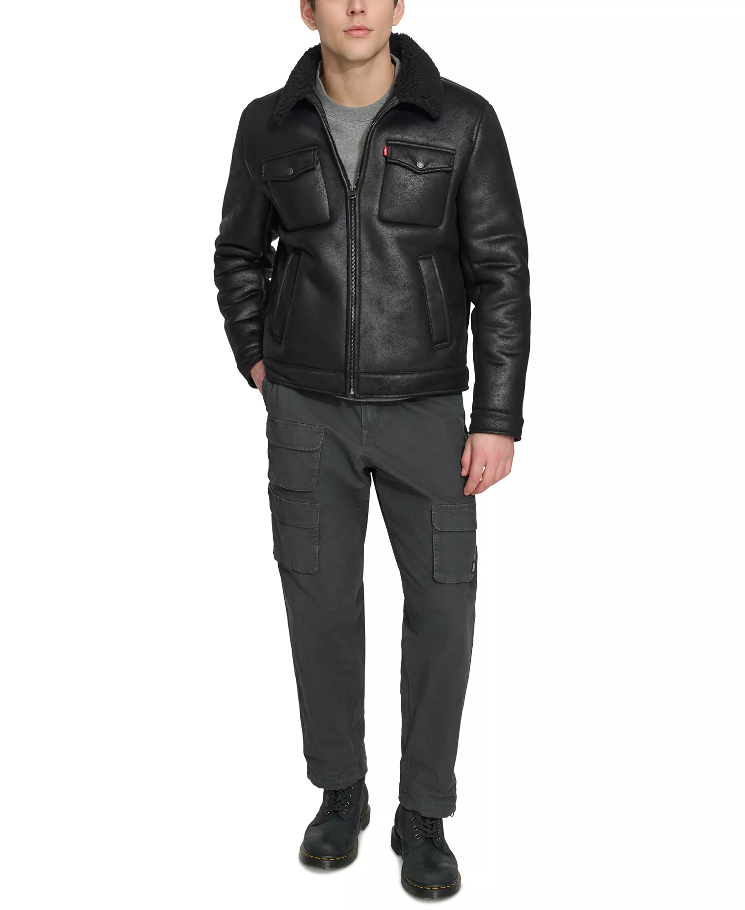 Men's Faux-Shearling Full-Zip Trucker Jacket - Black - L