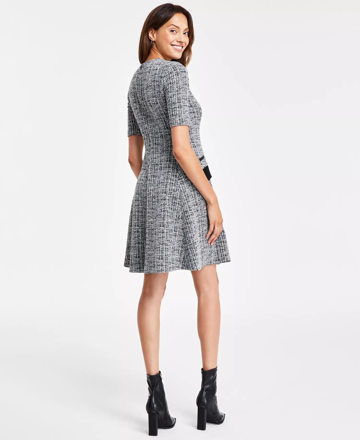 Short Sleeve Zipper Flap-Pocket A-line Tweed Dress - Black/Cream - 10