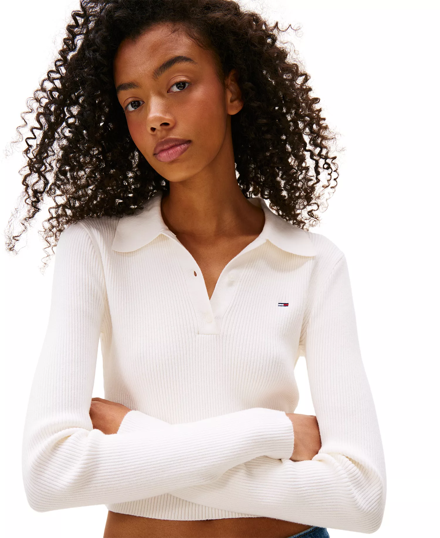 Women's Essential Polo Long-Sleeve Cotton Sweater - Ancient White - L