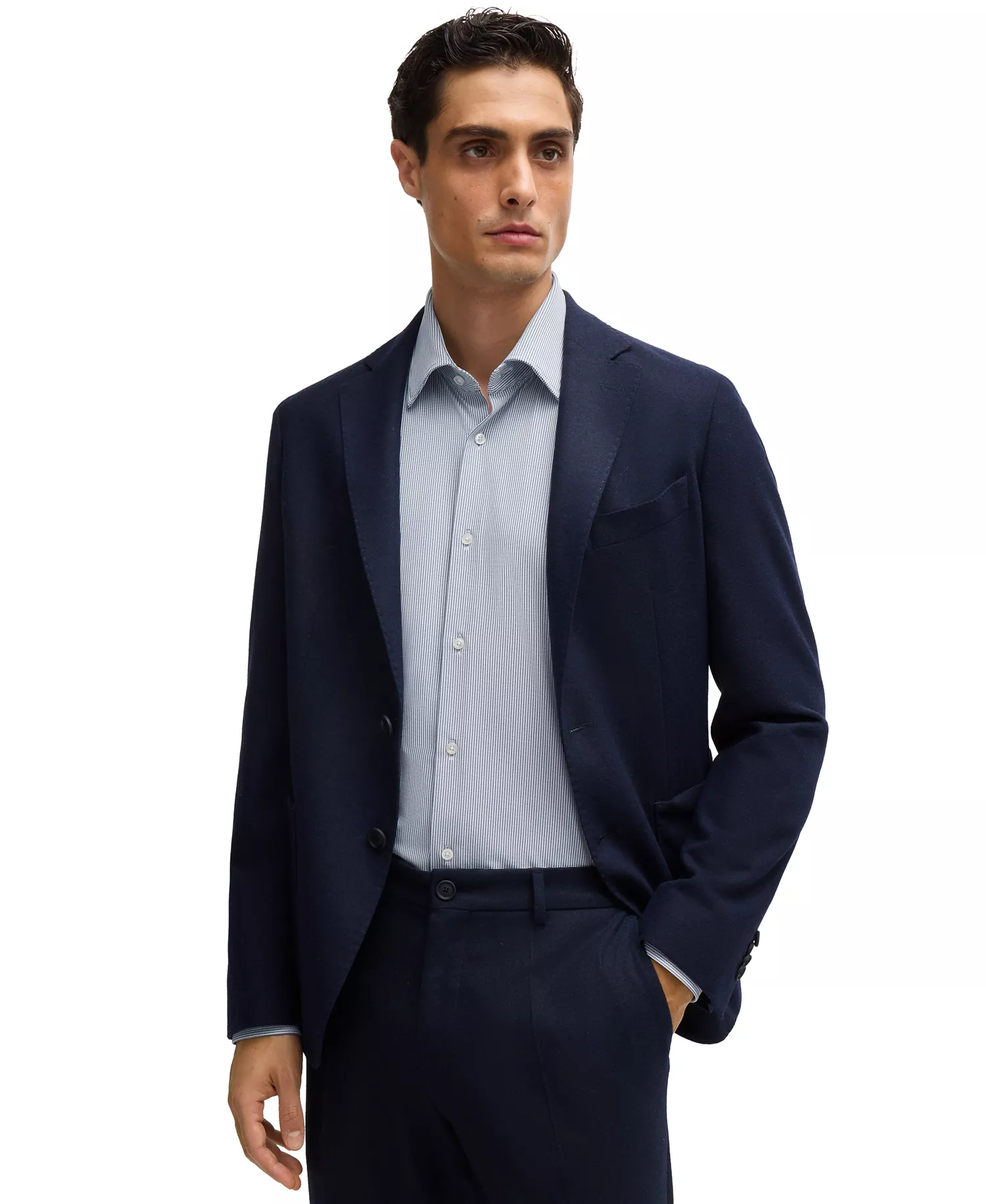 Men's Structured Performance-Stretch Fabric Regular-Fit Dress Shirt - Dark Blue - 16