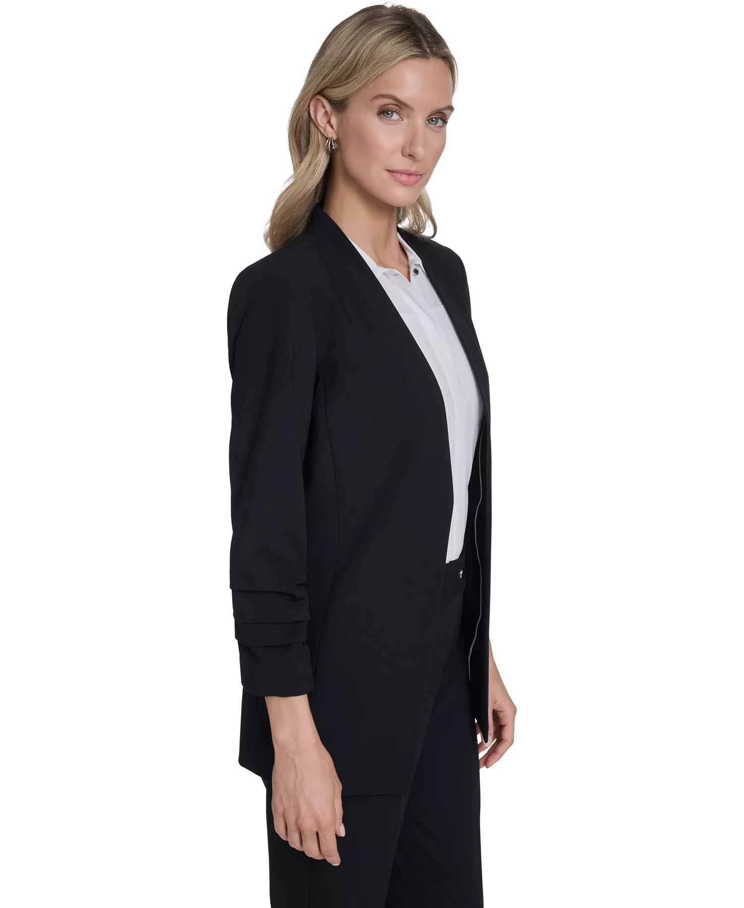Women's Sleeveless Collared Blouse with Pleated Front, Open from Ruched Sleeve Jacket, and Slim Leg Pant - Navy - 10