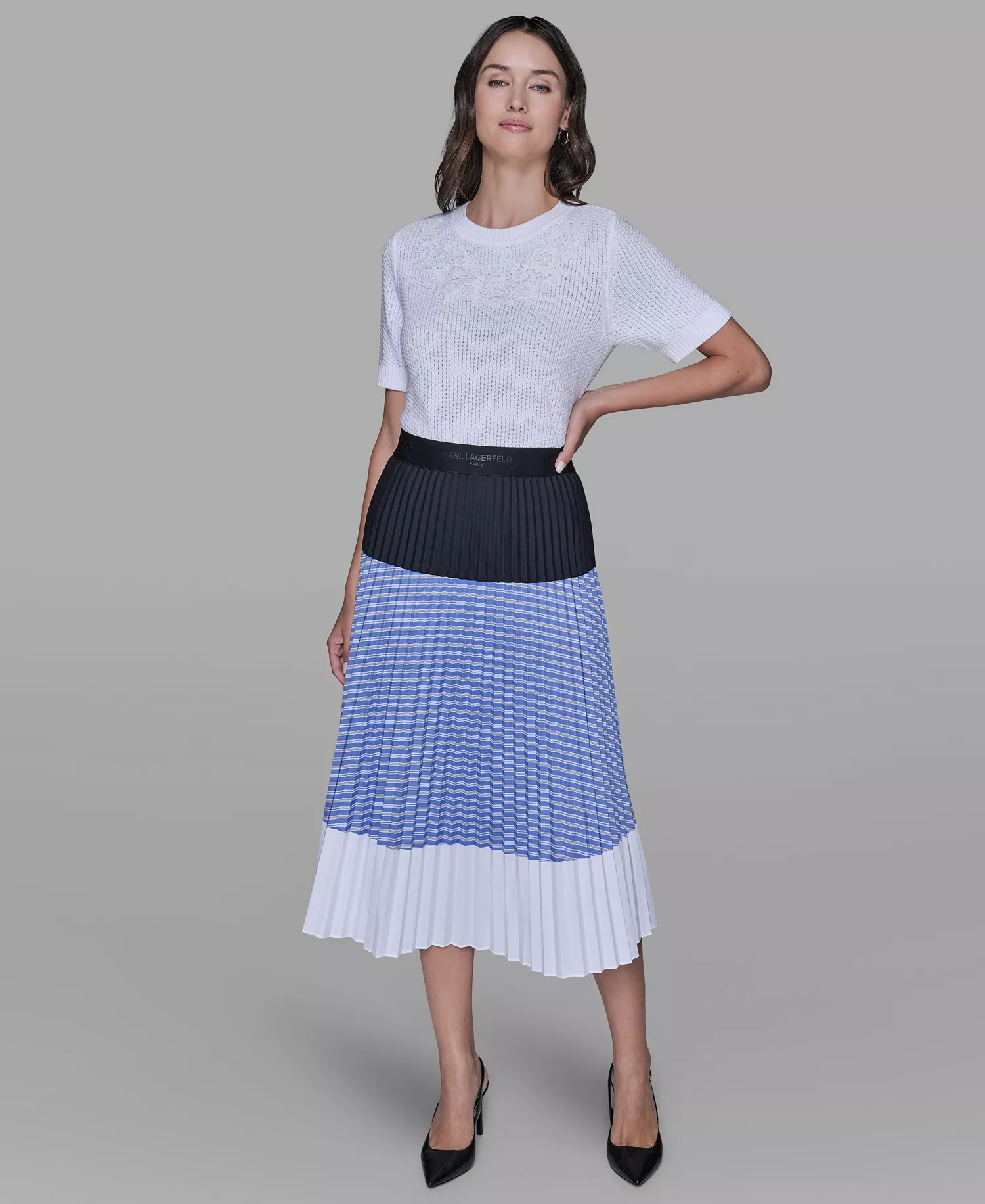 Women's Colorblock Pleated Stripe Pull-On Skirt - French Blue Combo - L