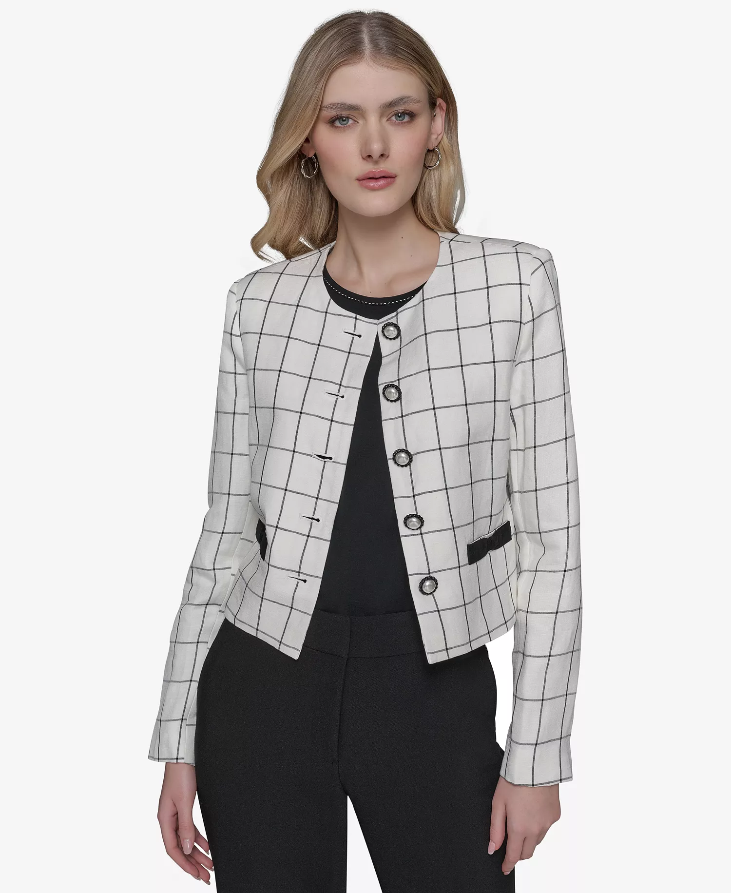 Women's Linen-Blend Windowpane-Print Jacket - Soft White/ Black - 0