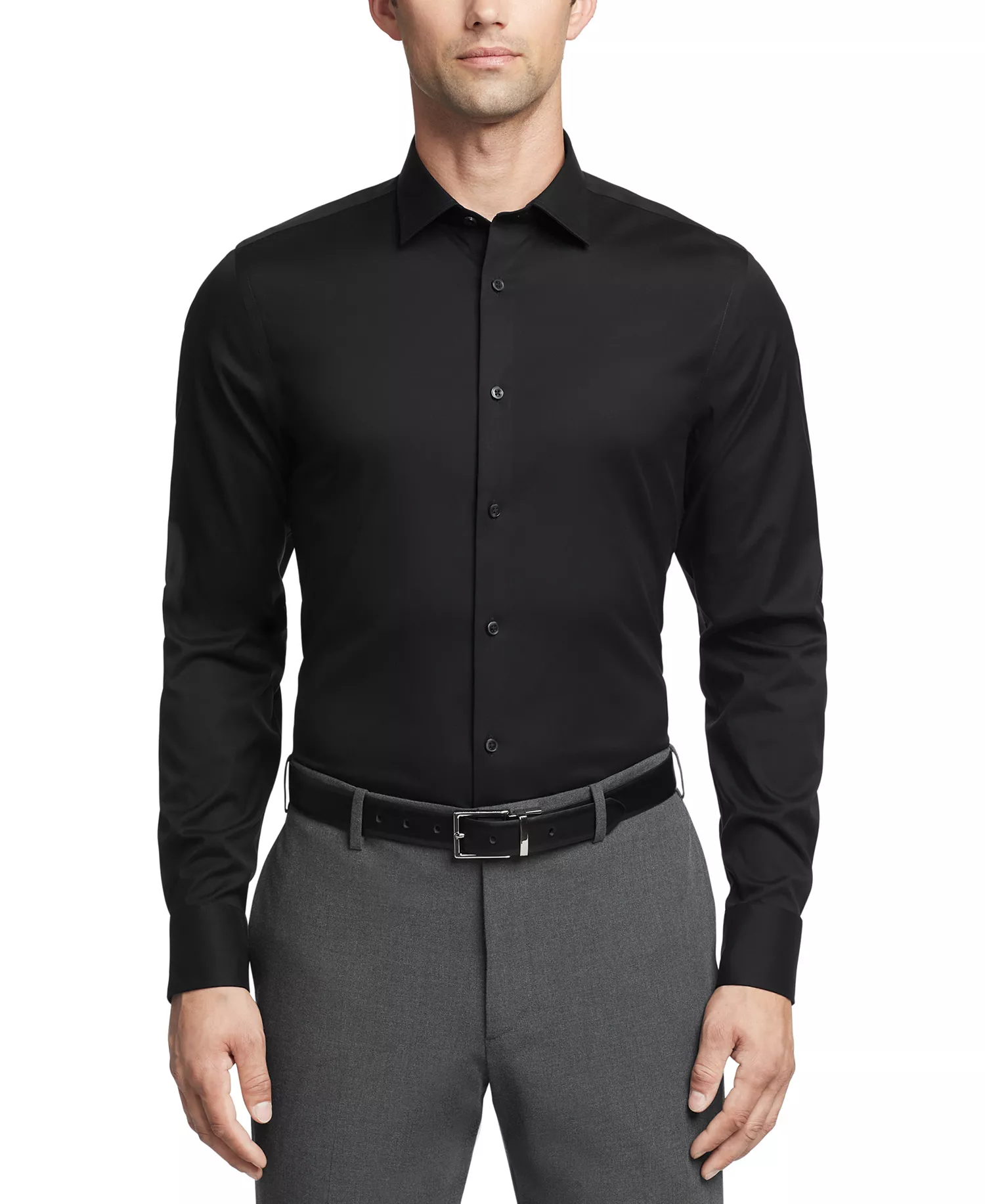 Men's Refined Cotton Stretch Dress Shirt, Regular & Slim Fit - BLACK - 14 32/33
