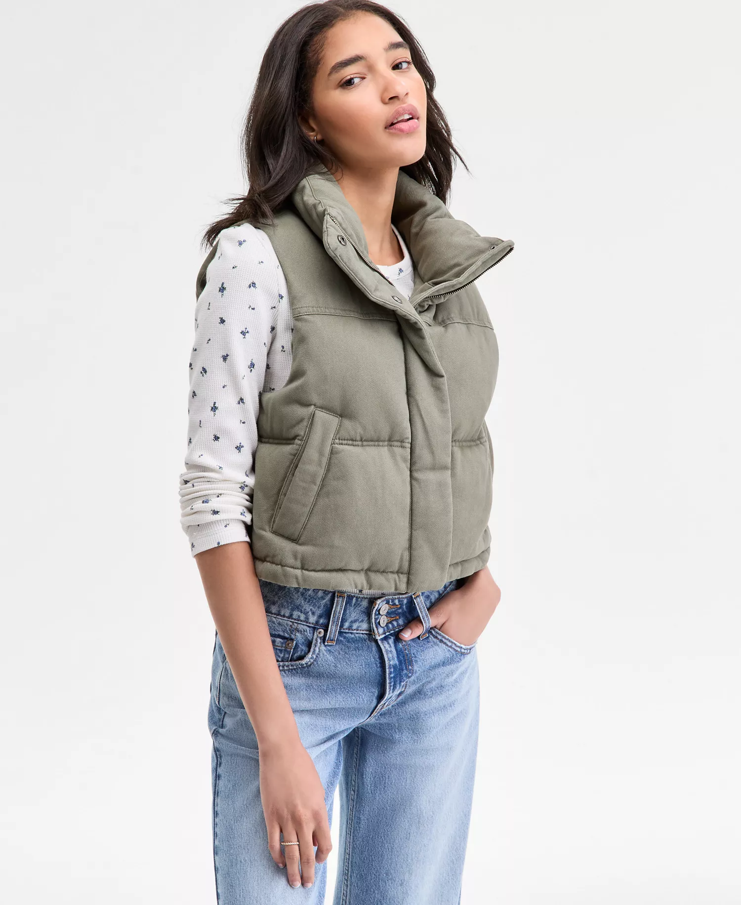 Women's Sleeveless Puffer Vest Jacket - Light Olive - L