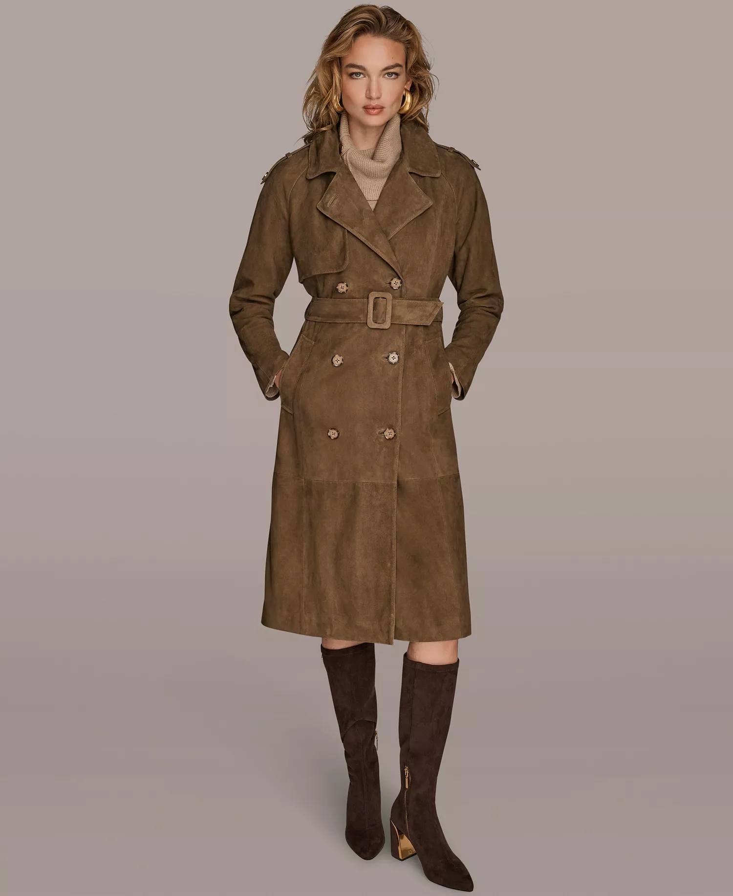 Women's Double Breasted Belted Trench Coat - Brown - M