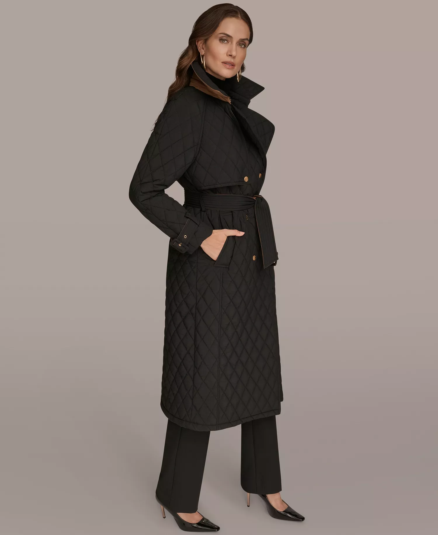 Women's Belted Maxi Quilted Coat - Black - M
