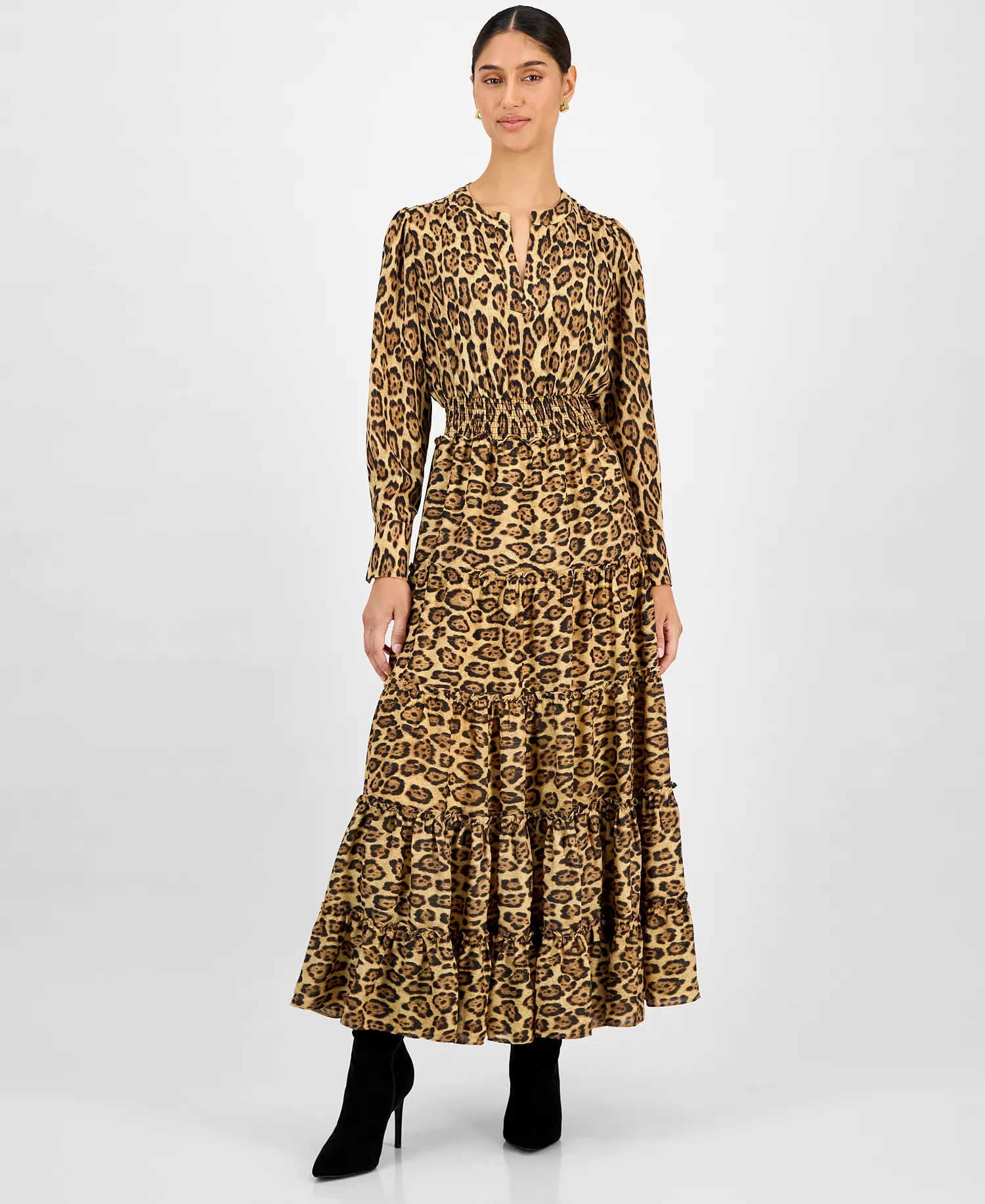 Women's Animal-Print Split-Neck Maxi Dress - Leopard Print - L