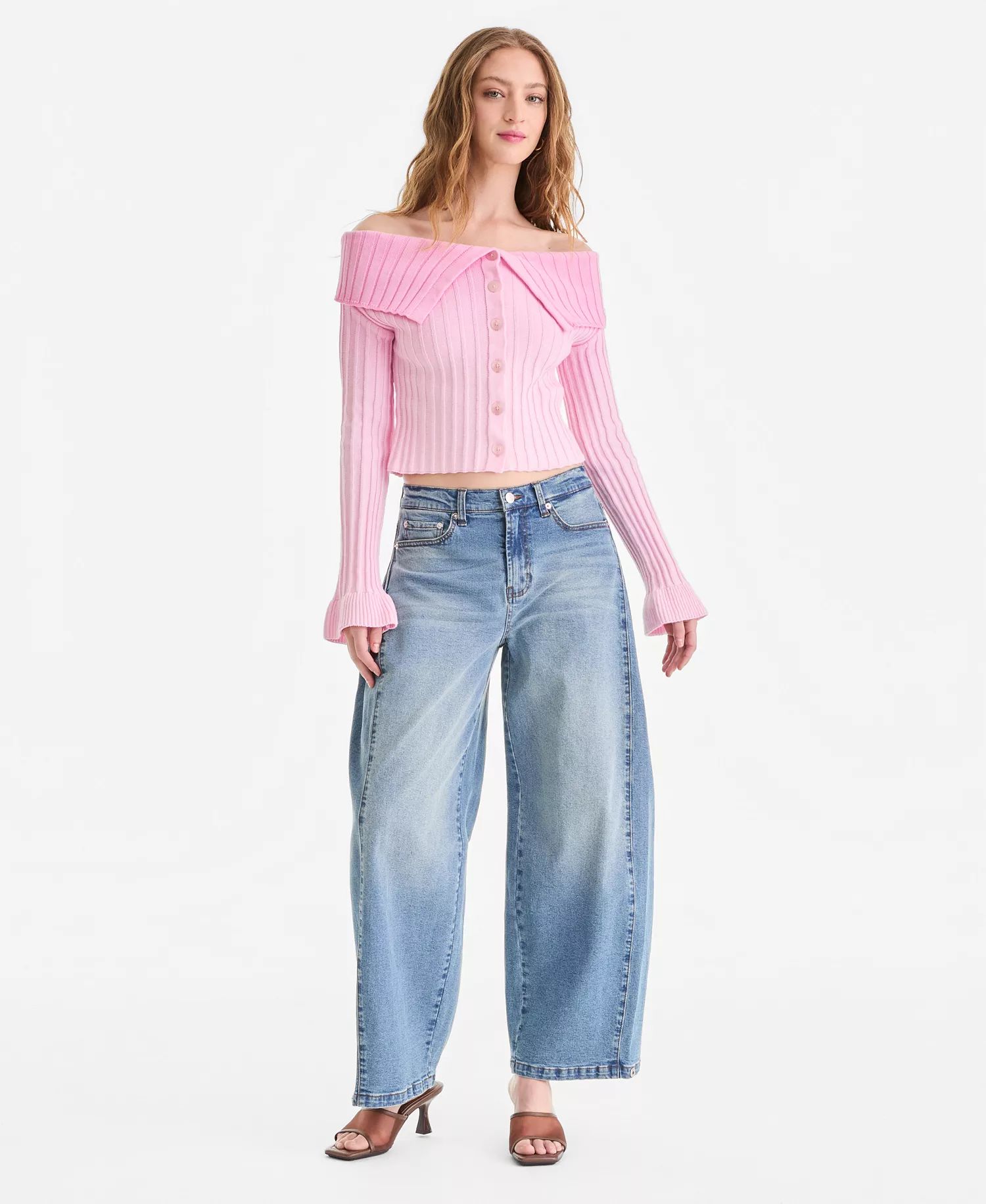 x FIT Women's Off-The-Shoulder Button-Front Sweater, Macy's Exclusive - Pink Ombre - L