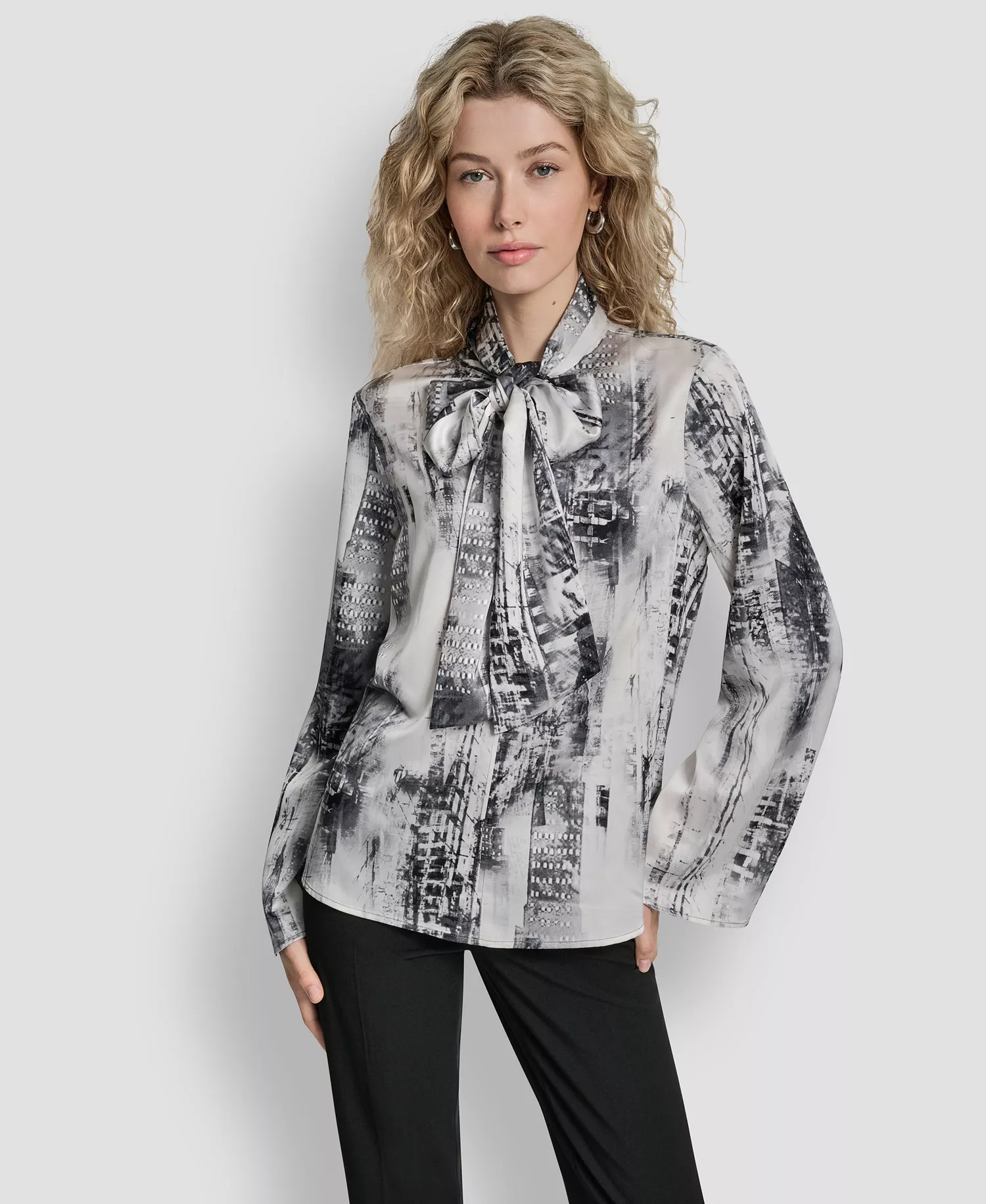 Women's Printed Neck Tie Long Sleeve Blouse - Graphite/stone Grey Multi - S
