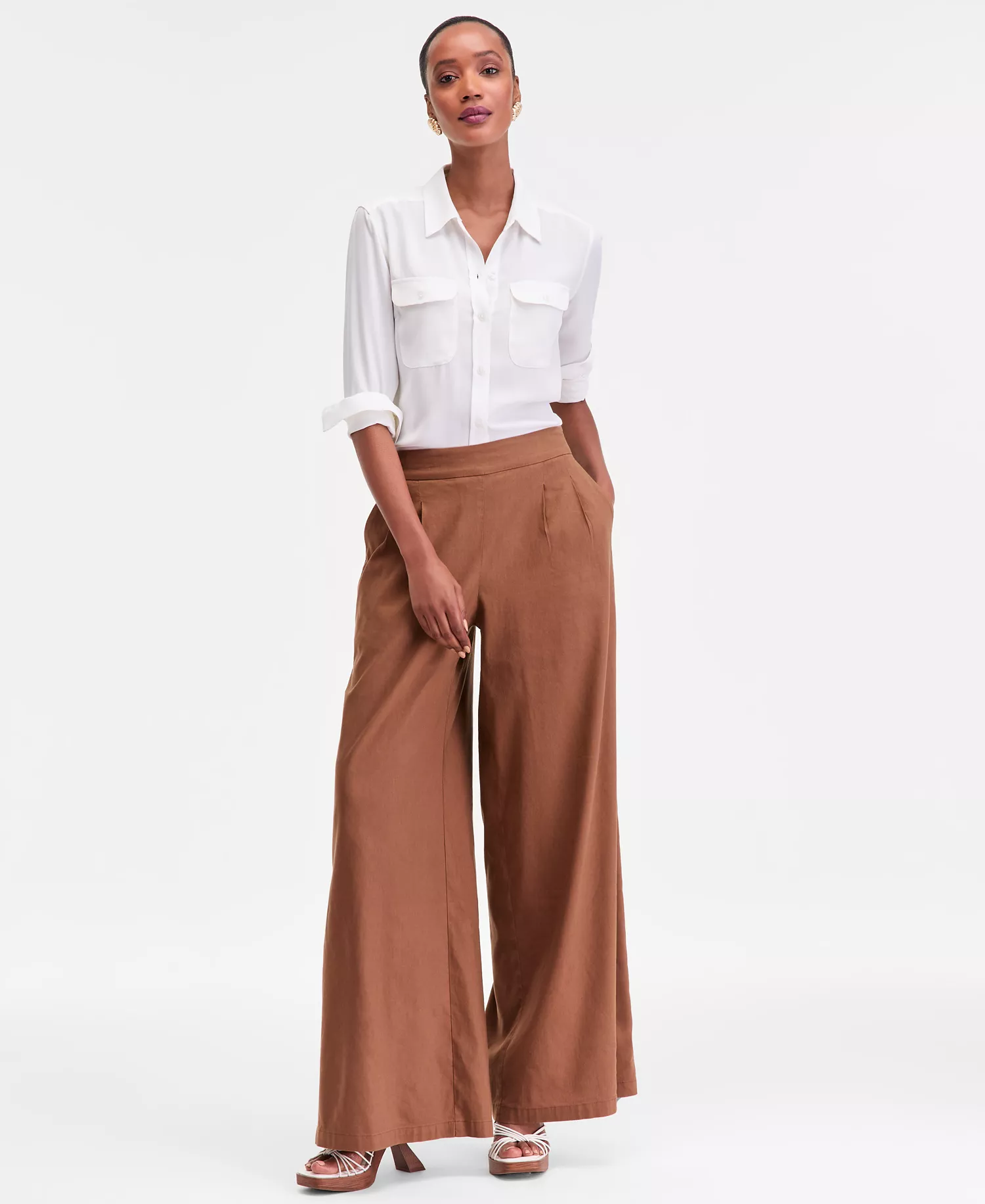 Women's High-Rise Pleated Pull-On Wide-Leg Pants, Macy's Exclusive - Bison - 1X