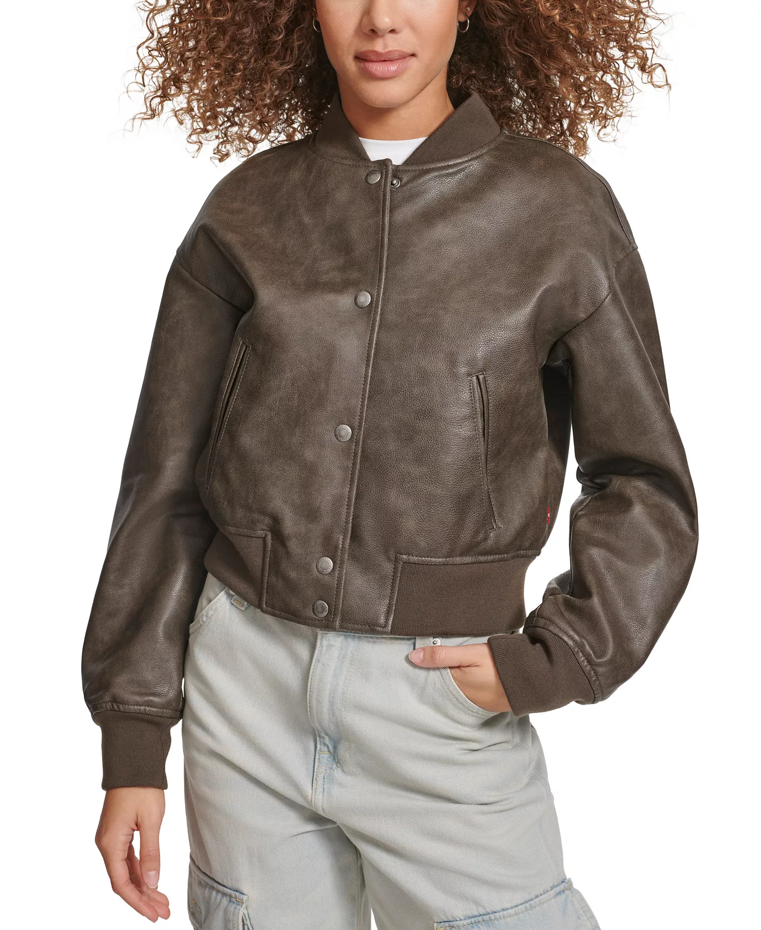 Women's Faux Leather Varsity Bomber Jacket - Ash - L