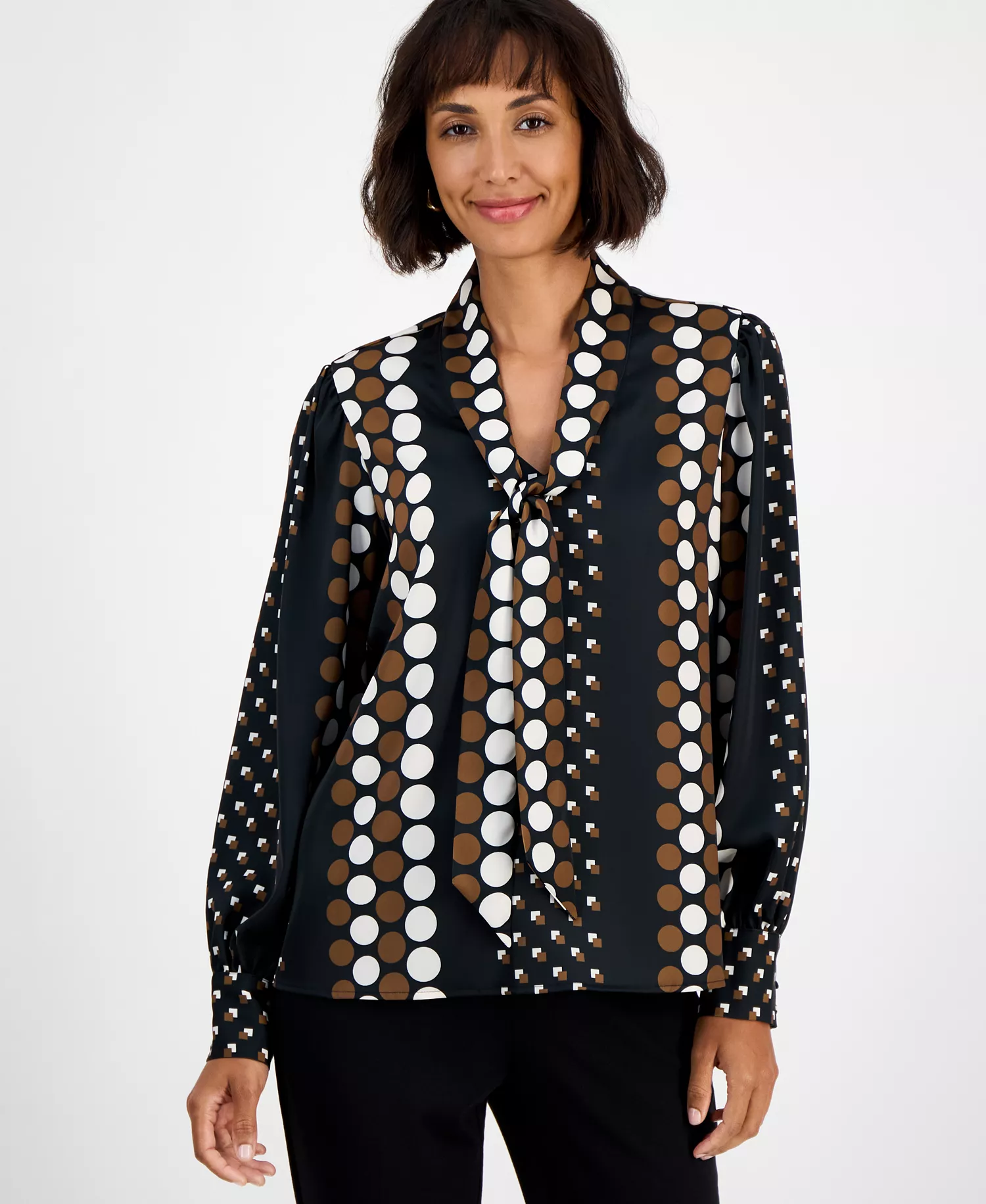 Women's Printed Tie-Neck Long-Sleeve Blouse  - Wallpaper Dot - S