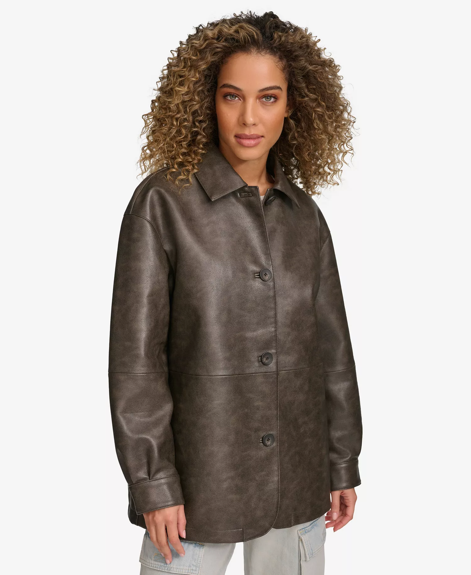 Women's Faux Leather Relaxed Vintage Look Blazer - Ash - L