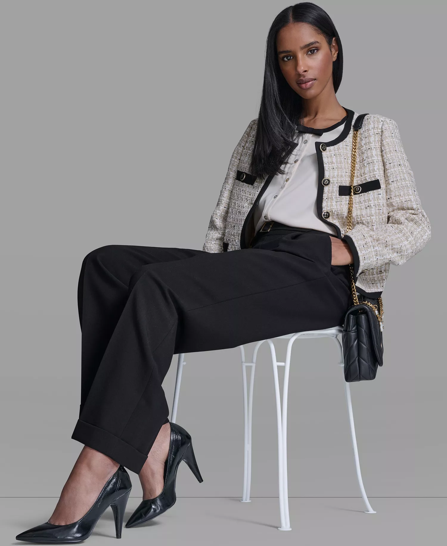 Women's Five-Button Round Neck Tweed Jacket - French Beige Multi - 0