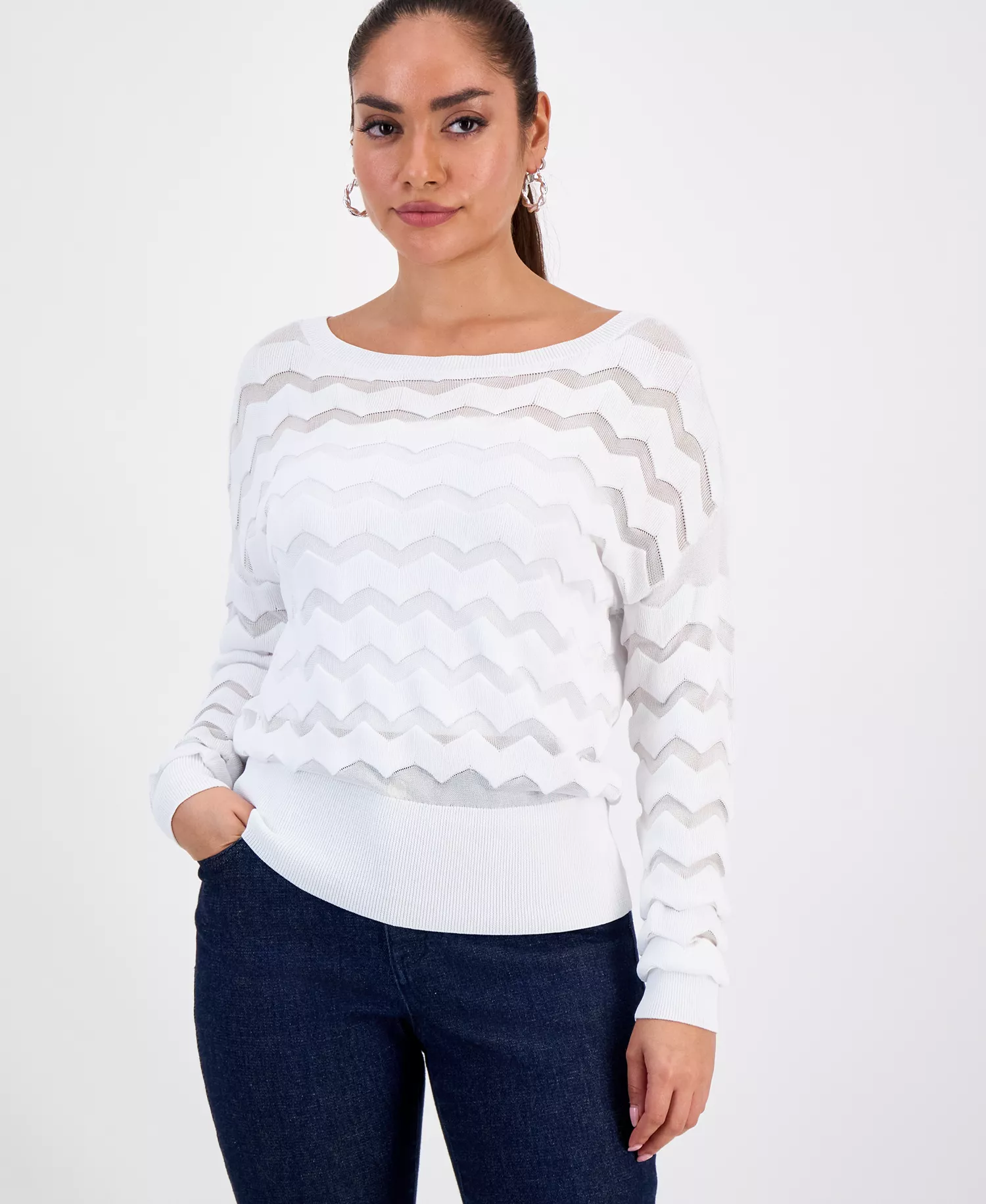 Petite Chevron Stitch Sweater, Macy's Exclusive - Bright White - P/L