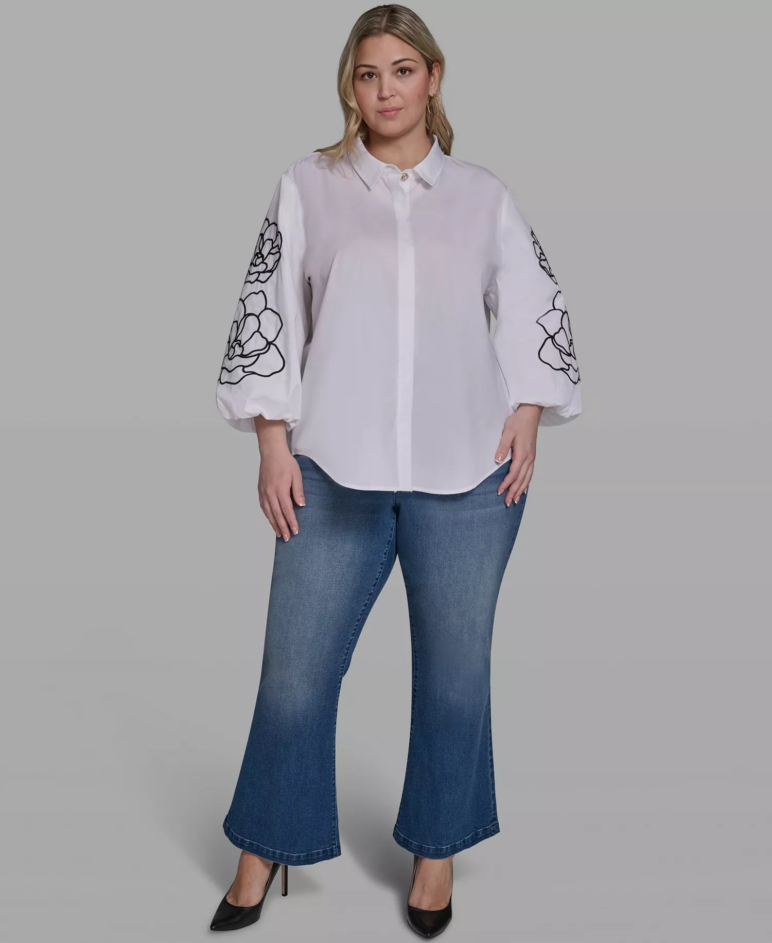 Plus Size Floral Detail Collared Top - White - 0X