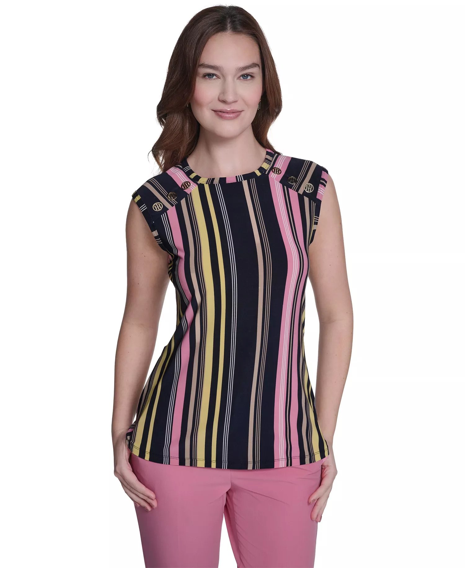 Women's Sleeveless Crewneck Stripe Top - Midnight/Pink Tulip - L