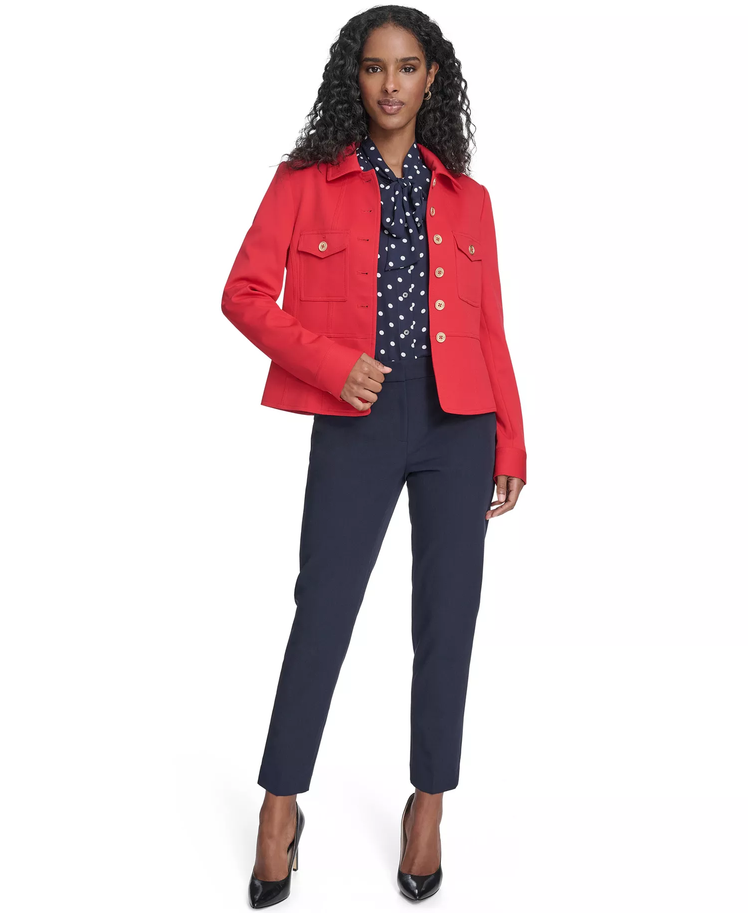 Women's Military Style Button Front Twill Jacket, Sailor Pants and Striped Popover Blouse - Scarlet - 0
