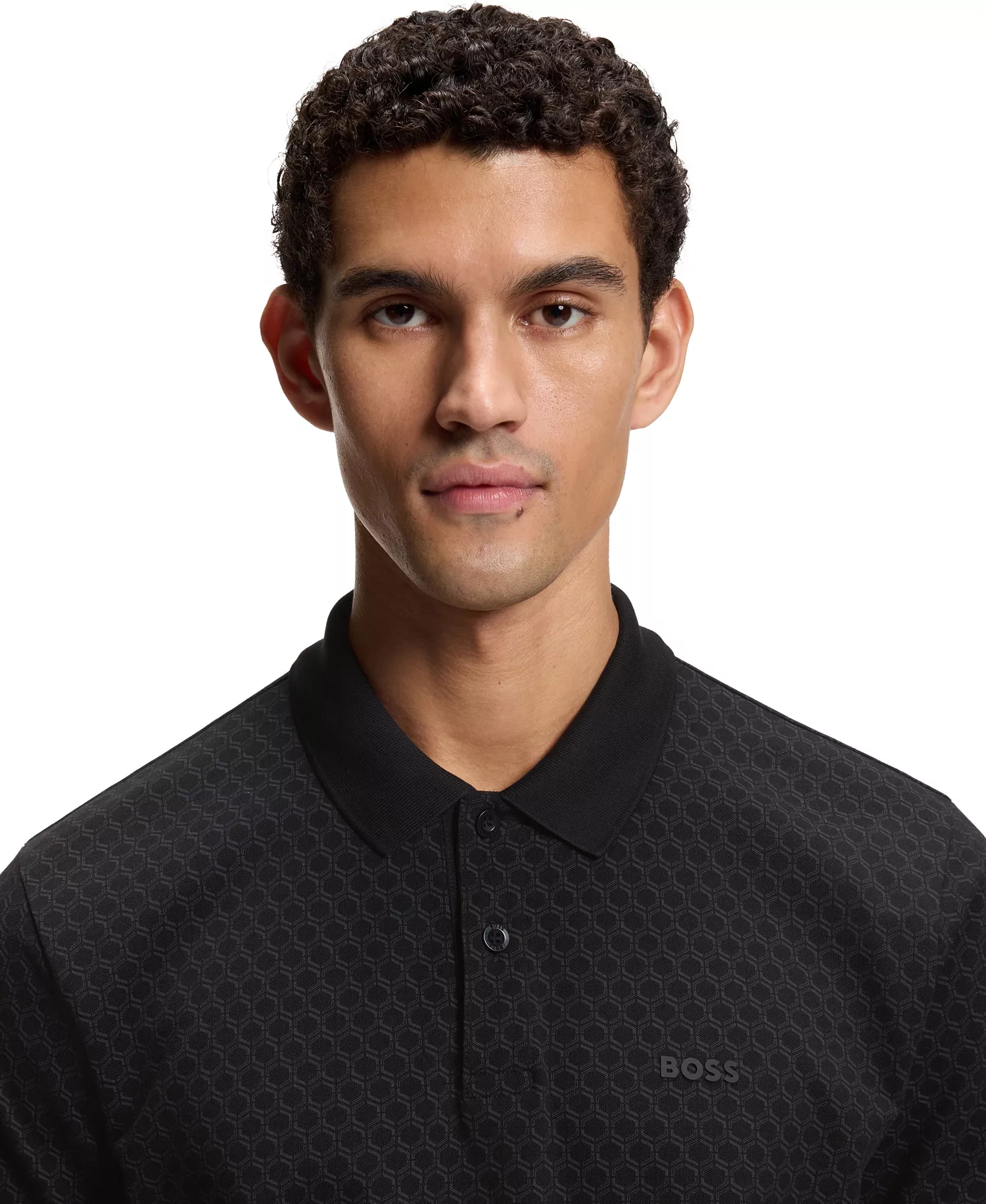 Men's Cotton-Piqué Printed Pattern Polo Shirt - Black - L
