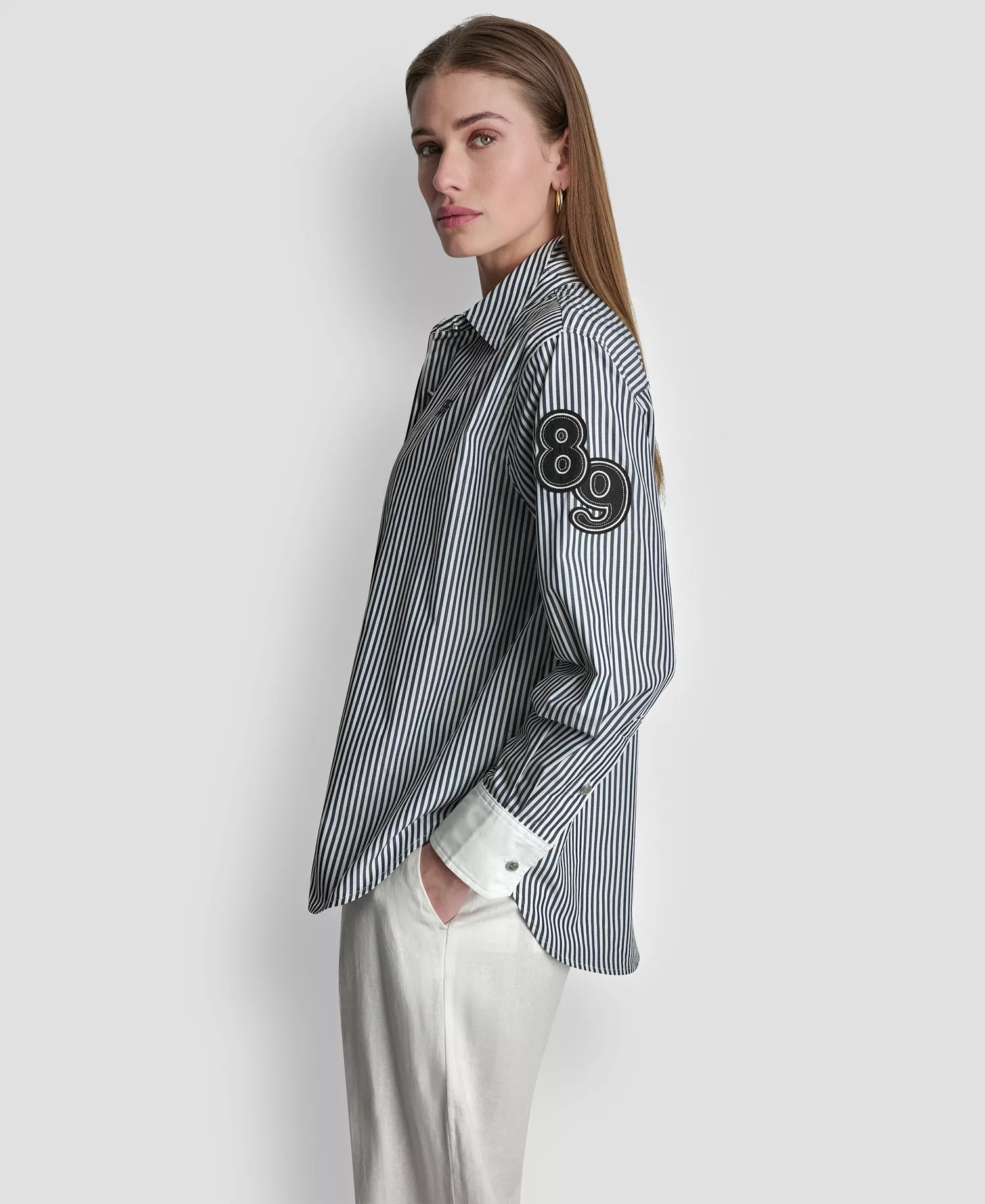 Women's Striped Button-Down Shirt - Navy/white - L