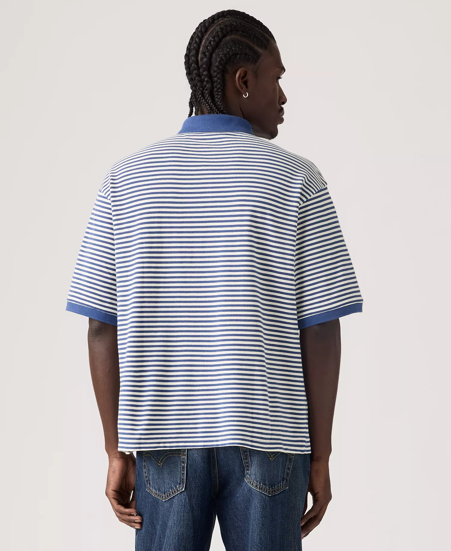 Men's Boxy Striped Collared Polo Shirt - Blue - 2XL