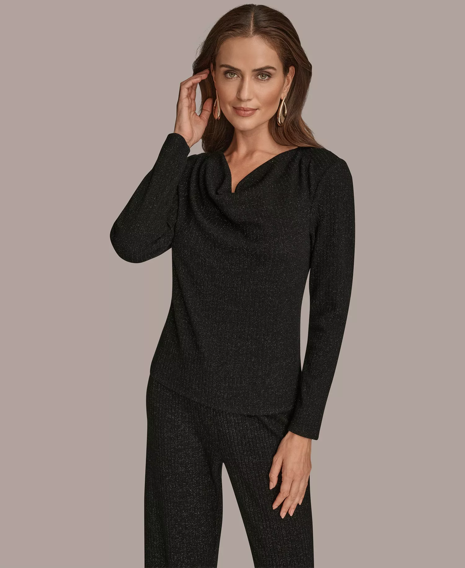 Women's Long Sleeve Metallic Rib Knit Top - Black - S