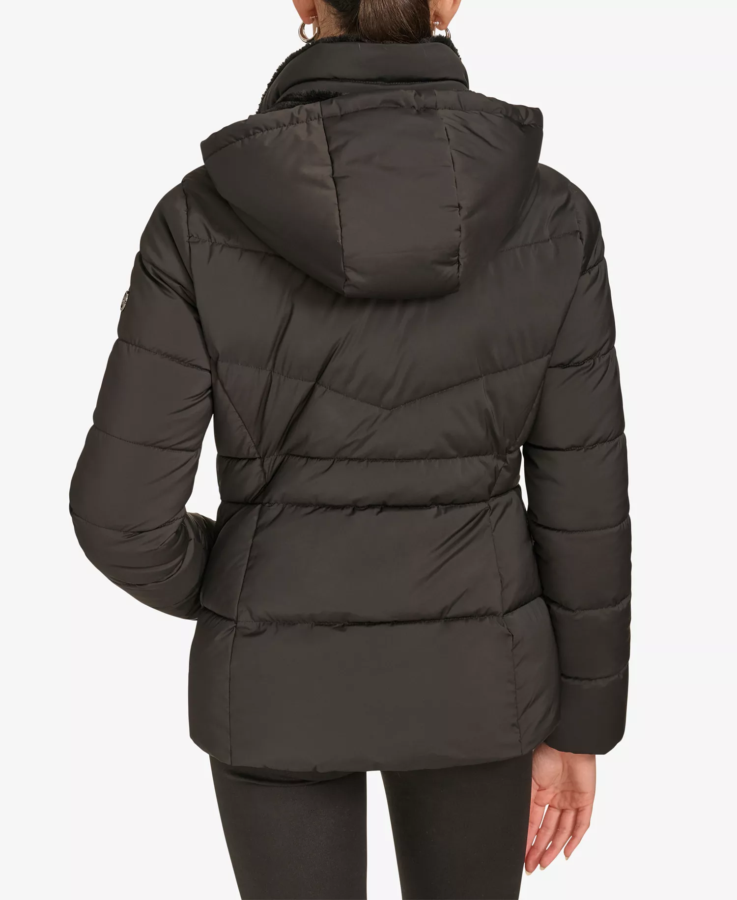 Women's Faux-Fur-Lined Hooded Puffer Coat - Black - L