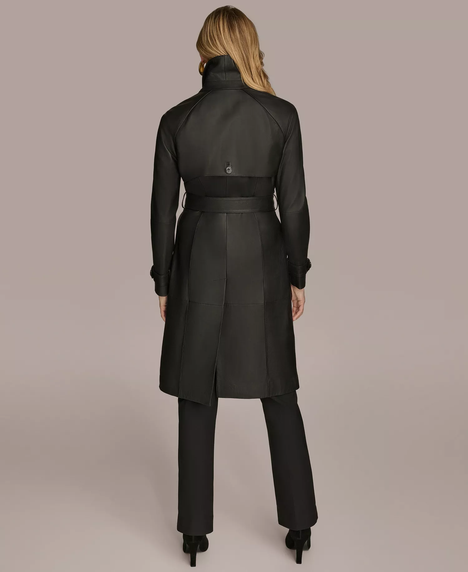 Women's Belted Leather Trench Coat - Black - L