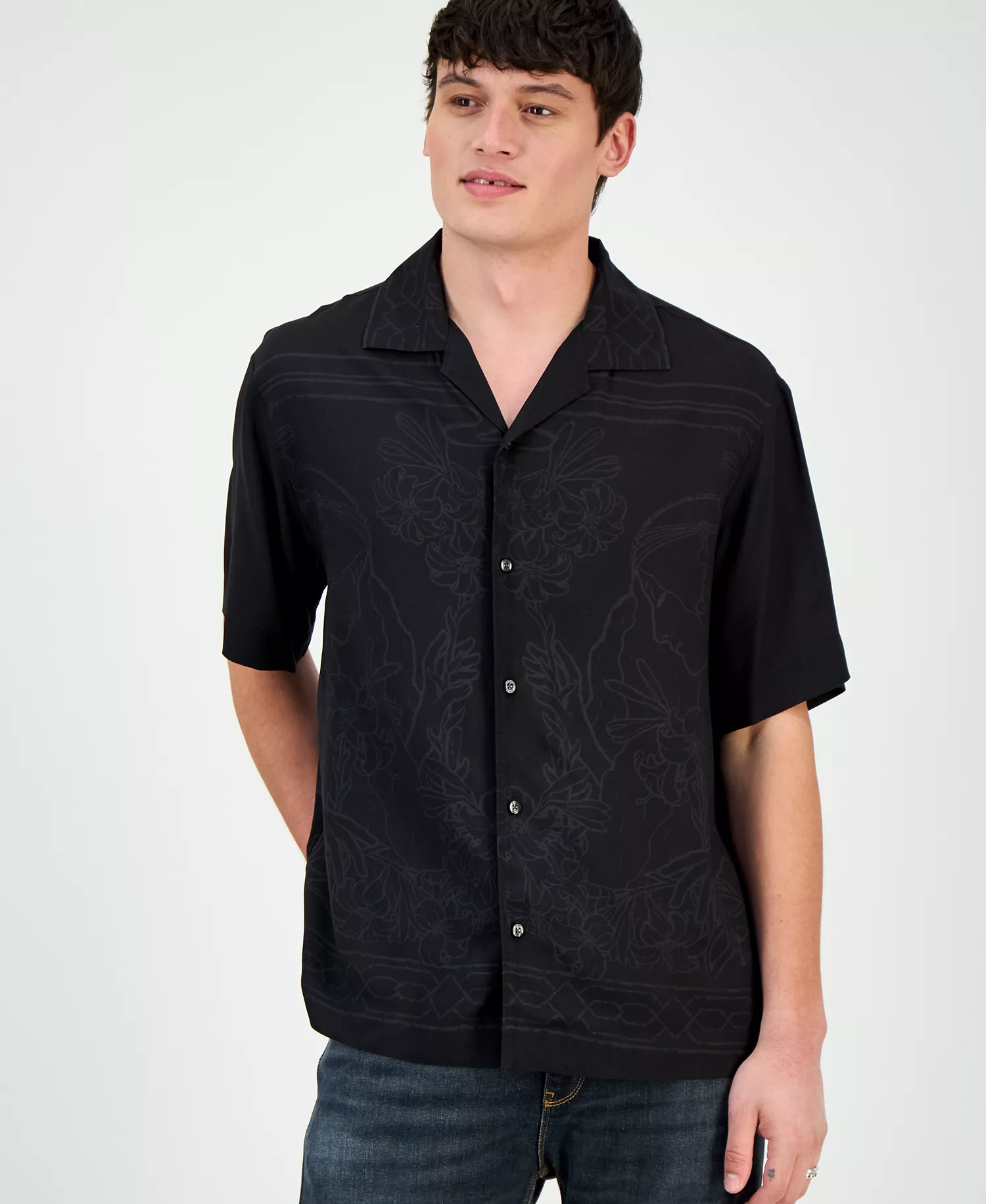 Men's Espino Tonal-Print Regular-Fit Camp Shirt - Black - 2XL