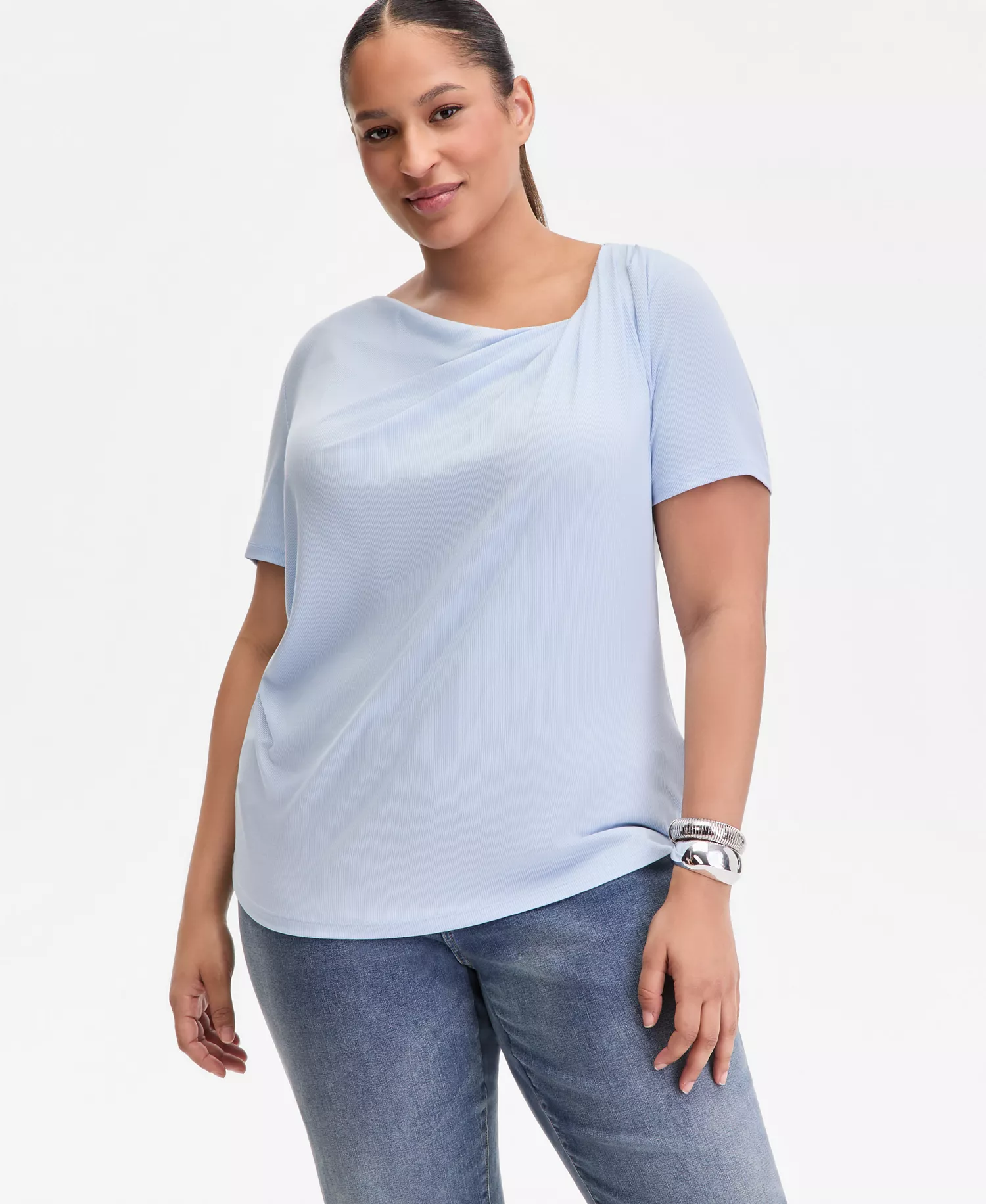 Plus Size Asymmetric Neck Short-Sleeve Top, Macy's Exclusive  - Bliss Blue - 0X