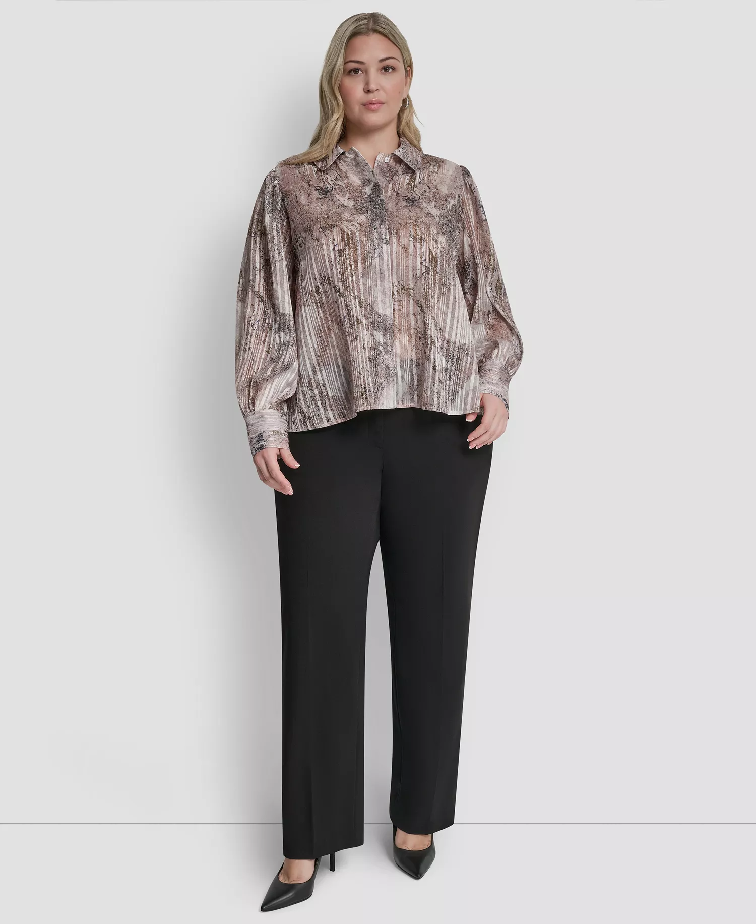 Plus Size Collared Neck Long-Sleeve Top - Coconut/Travertine Multi - 1X