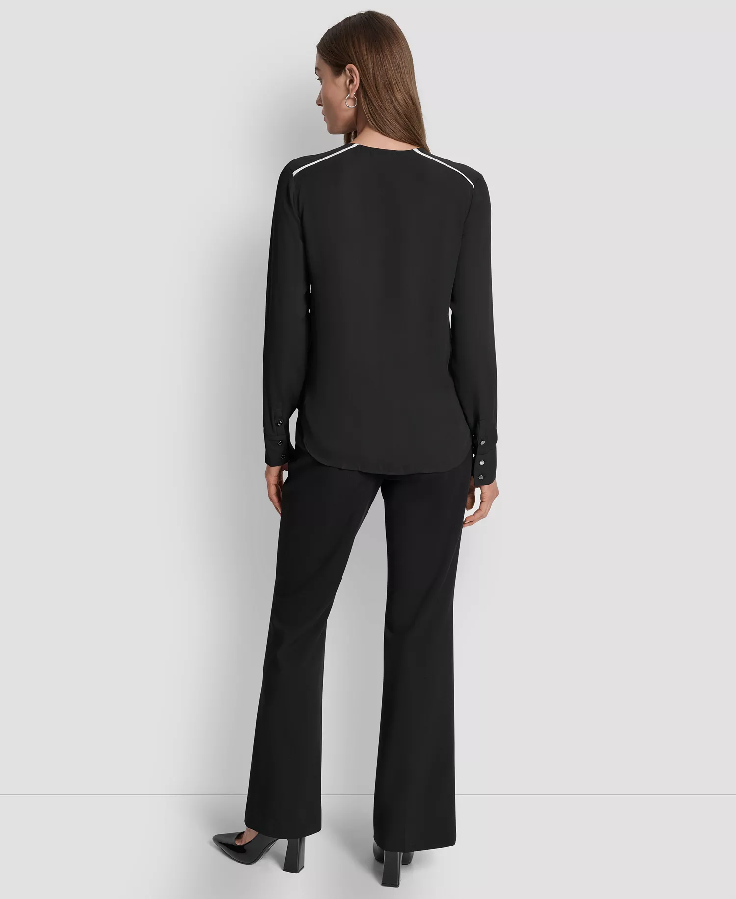 Women's Long Sleeve Trimmed Lapel Blouse, Regular & Petite - Black/ Linen White - L