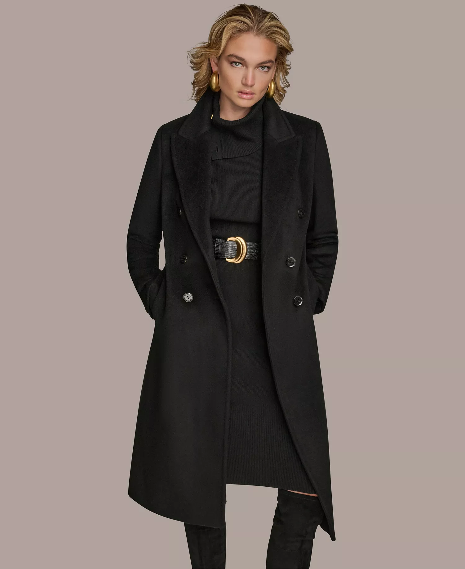 Women's Double-Breasted Reefer Coat - Black - L