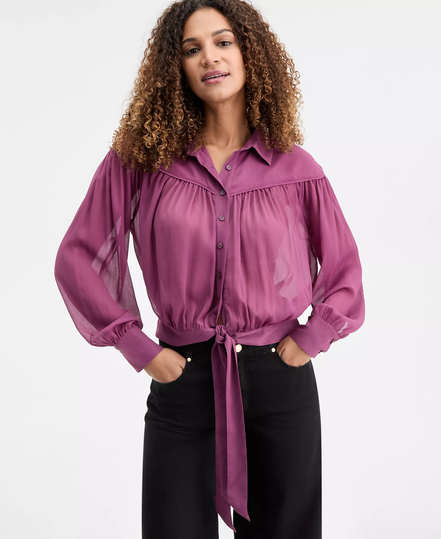 Women's Crinkle Chiffon Tie-Hem Blouse, Macy's Exclusive - Amaranth - L